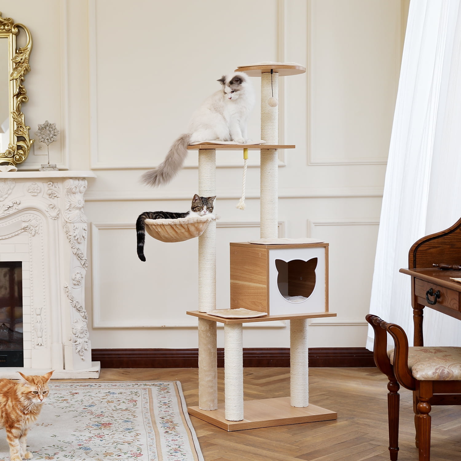Pefilos 64" Multi-Level Cat Tree Tower for Big Cats, Wood Cat Condo for Indoor Cats with Scratching Posts, Beige Pefilos 64" Multi-Level Cat Tree Tower for Big Cats, Wood Cat Condo for Indoor Cats with Scratching Posts, Beige