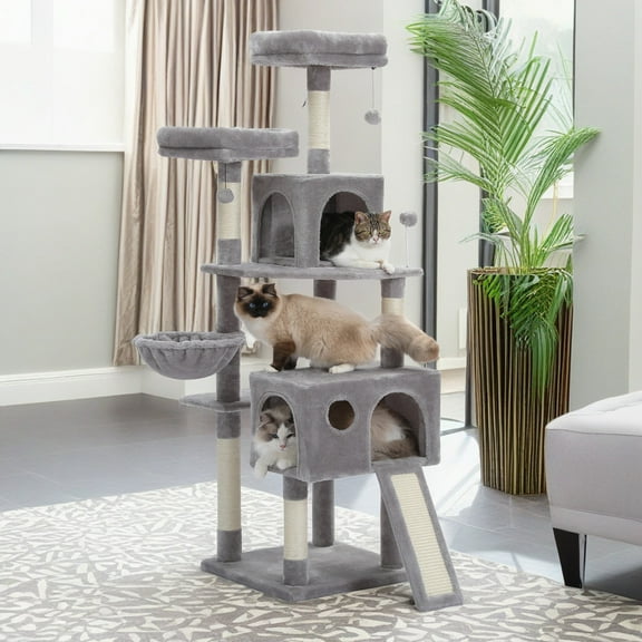 Pefilos 64" Multi-Level Cat Tree Tower for Large with Hammock, Plush Cat Condos for Indoor Cats, Gray