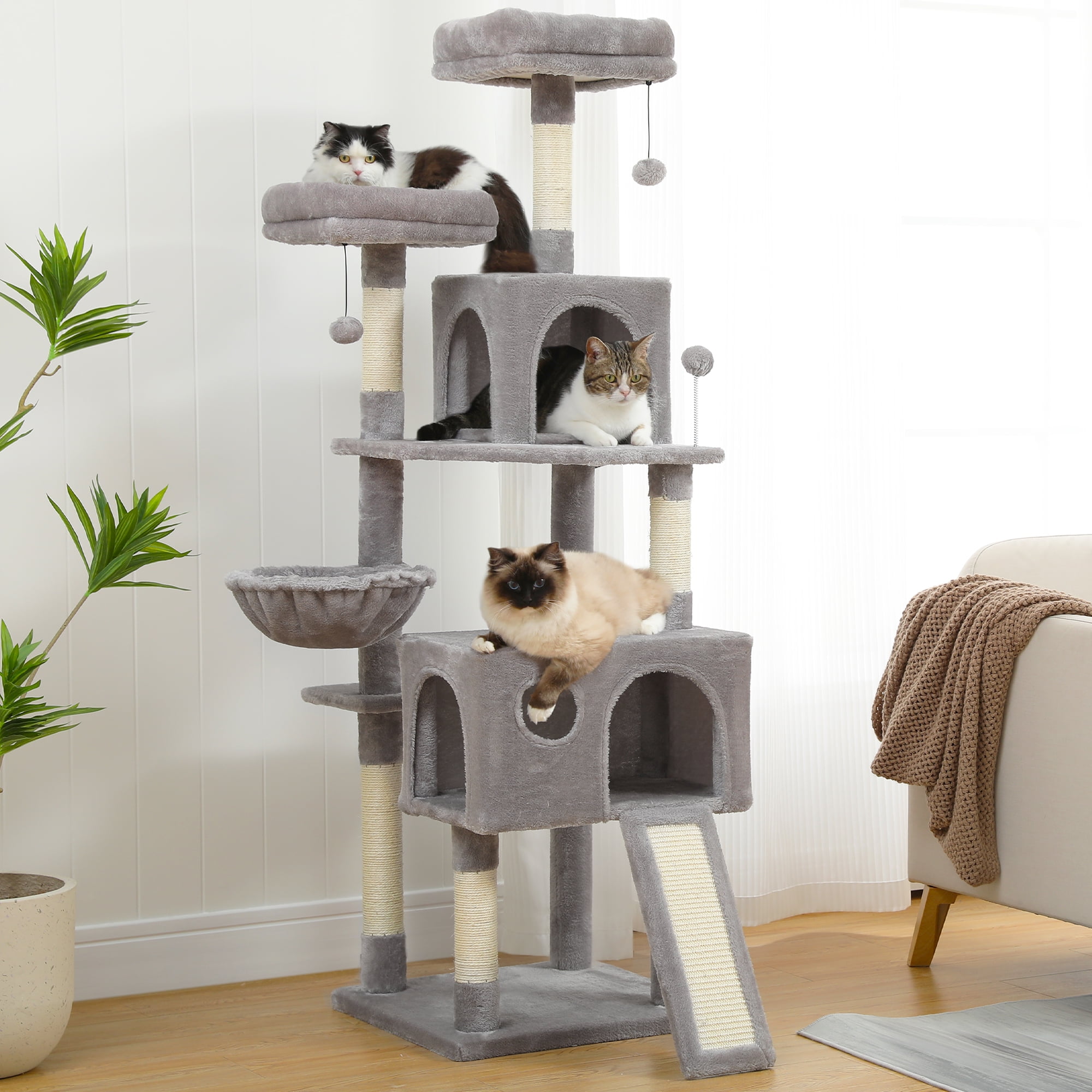 Pefilos 64" Multi-Level Cat Tree Tower for Large with Hammock, Plush Cat Condos for Indoor Cats, Gray Pefilos 64" Multi-Level Cat Tree Tower for Large with Hammock, Plush Cat Condos for Indoor Cats, Gray