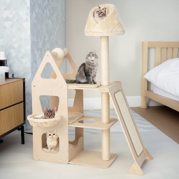 Pefilos 64" Wood Cat Tree Tower for Indoor Cats with Scratching Posts Washable Detachable Cushion, Modern Cat Condo Furniture for Large Cat, Beige