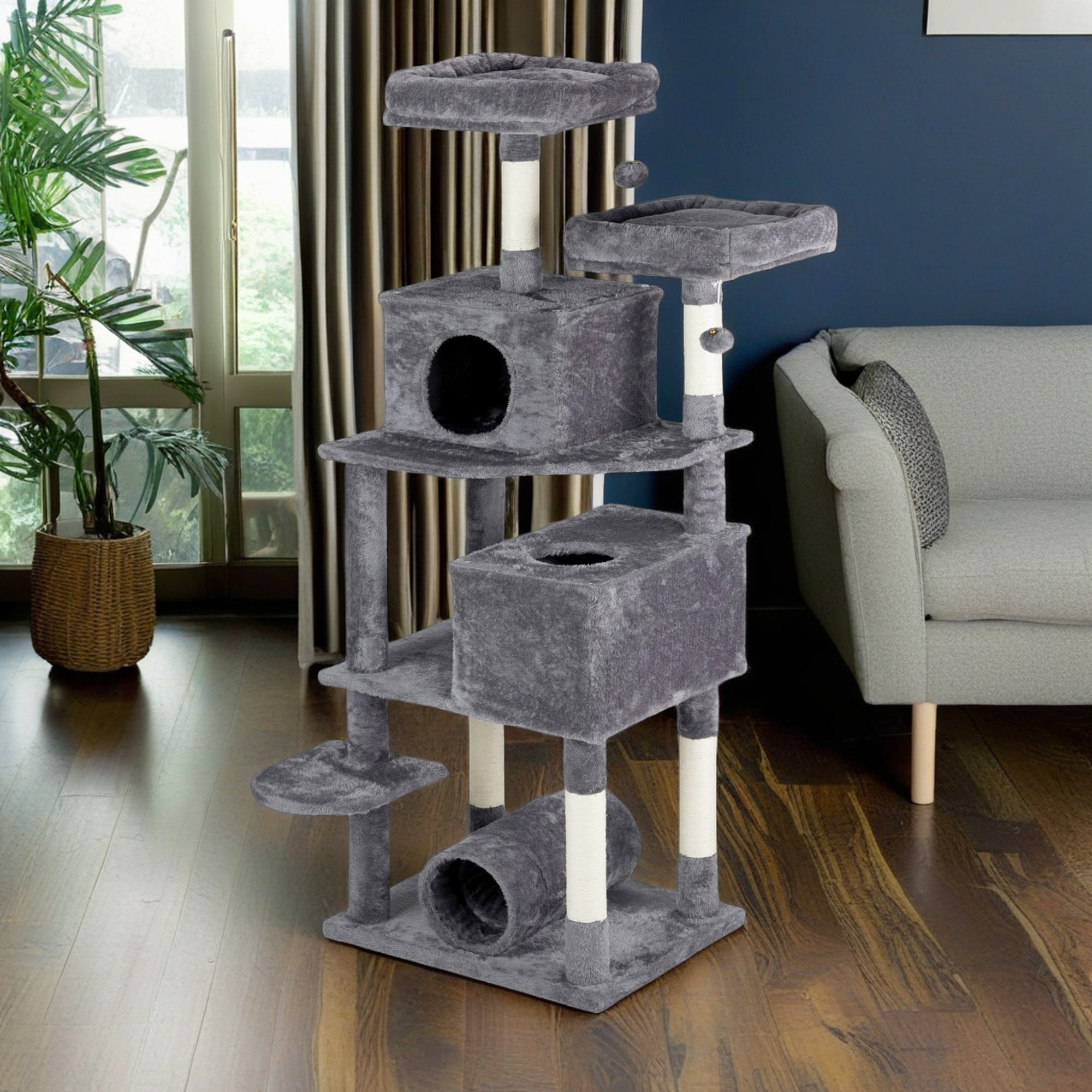 Pefilos 65" Cat Tree Tower for Indoor Cats, Cat House with Padded Platform Bed, Toy Balls, 2 Cozy Condo, Cat Play Tunnel and Sisal Scratching Posts, Gray Pefilos 65" Cat Tree Tower for Indoor Cats, Cat House with Padded Platform Bed, Toy Balls, 2 Cozy Condo, Cat Play Tunnel and Sisal Scratching Posts, Gray