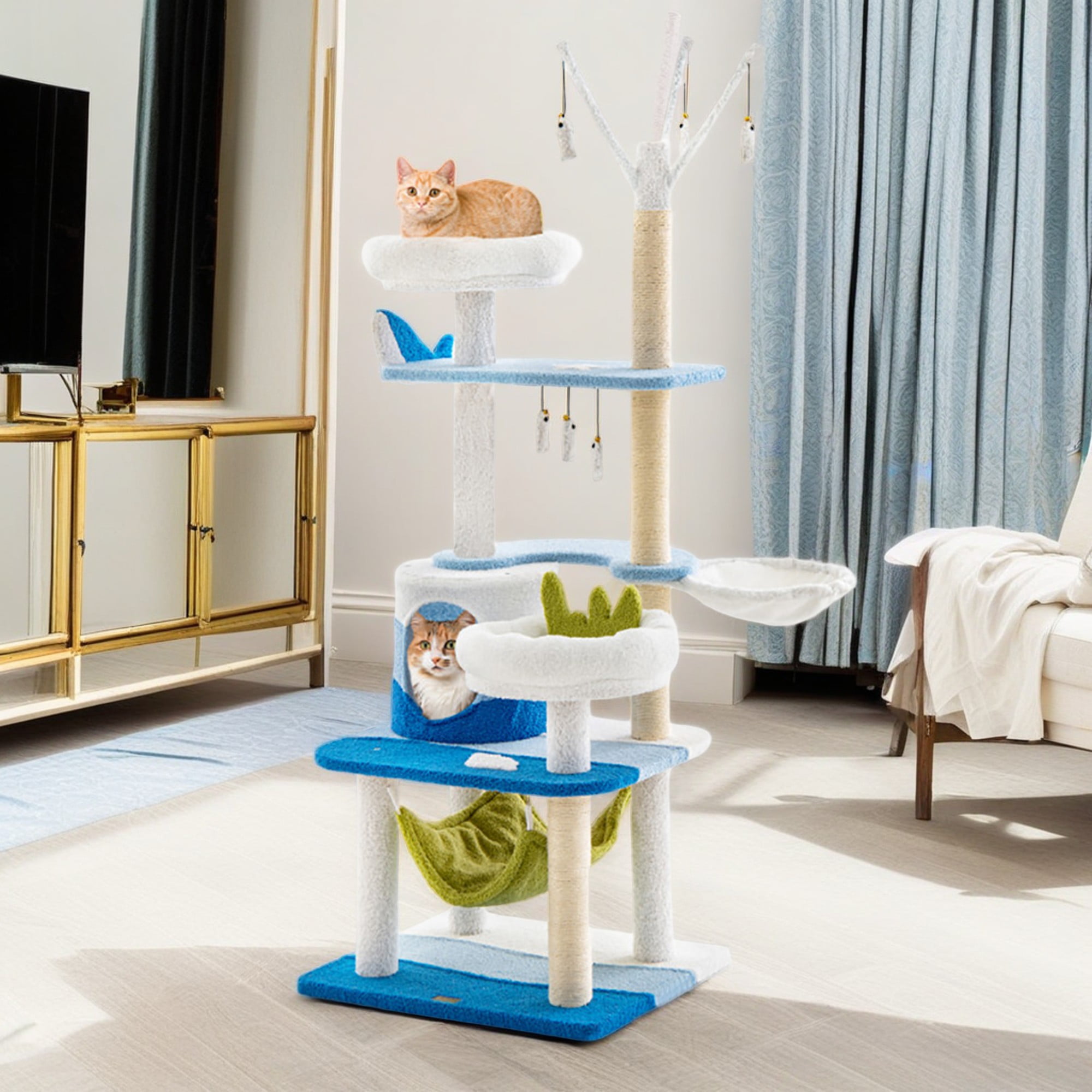 Pefilos 65" Cat Tree Tower with Scratching Posts, Cat Condo with Padded Plush Perch, Multi-Platform for Jump Cat Tree House, Blue Pefilos 65" Cat Tree Tower with Scratching Posts, Cat Condo with Padded Plush Perch, Multi-Platform for Jump Cat Tree House, Blue