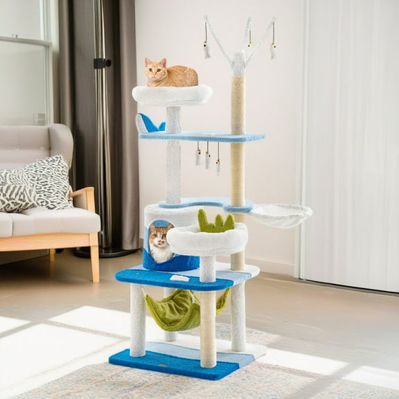 Pefilos 65" Cute Cat Tree Tower for Indoor Cats, Ocean World Cat Condo with Sisal Scratching Posts, Plush Perches, Kitten Cat Tree Tower Activity Center, Blue