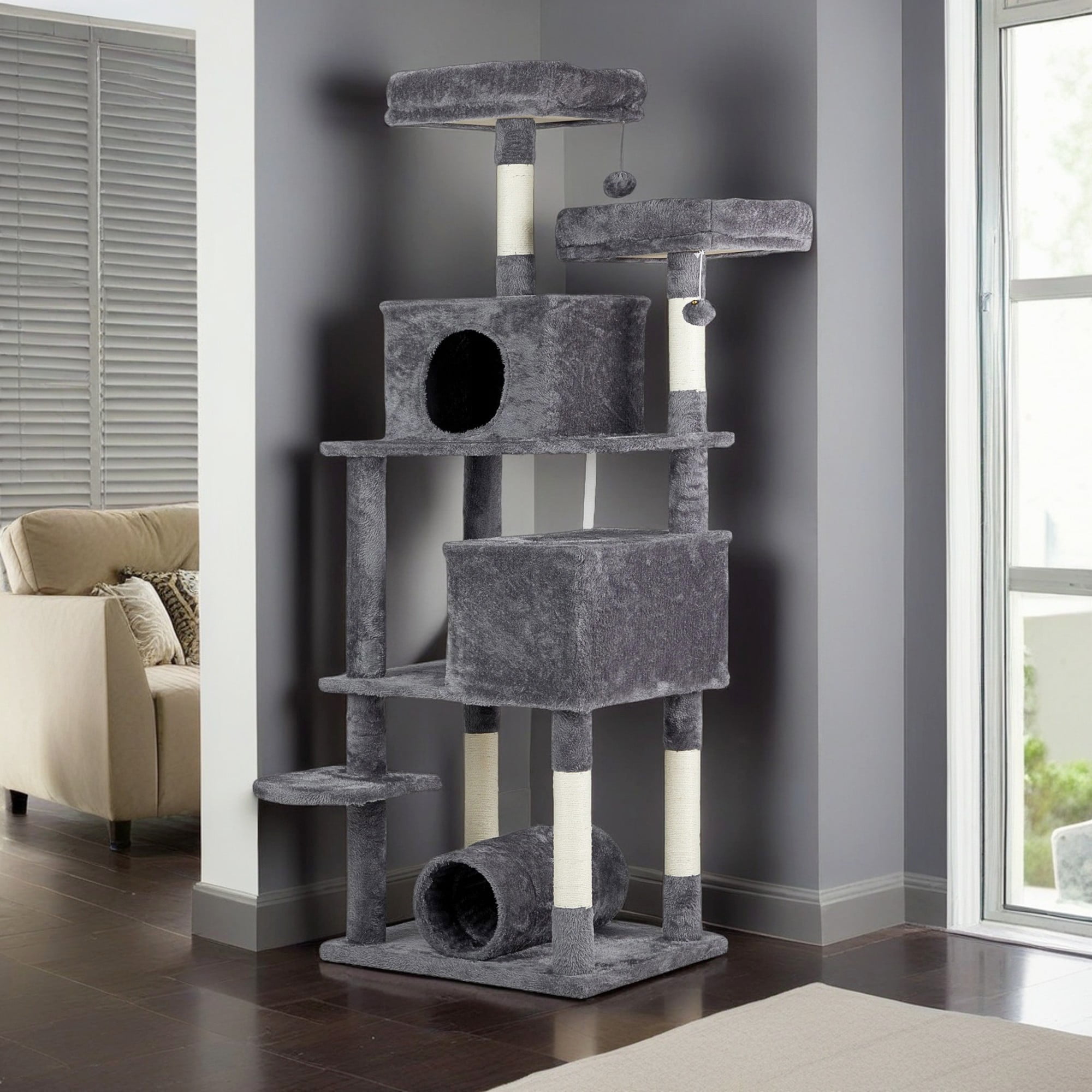 Pefilos 65" Large Cat Tree Tower, Cat Tree House for Indoor Cats with Padded Platform Bed, Toy Balls, Cozy Condo and Sisal Scratching Posts, Gray Pefilos 65" Large Cat Tree Tower, Cat Tree House for Indoor Cats with Padded Platform Bed, Toy Balls, Cozy Condo and Sisal Scratching Posts, Gray