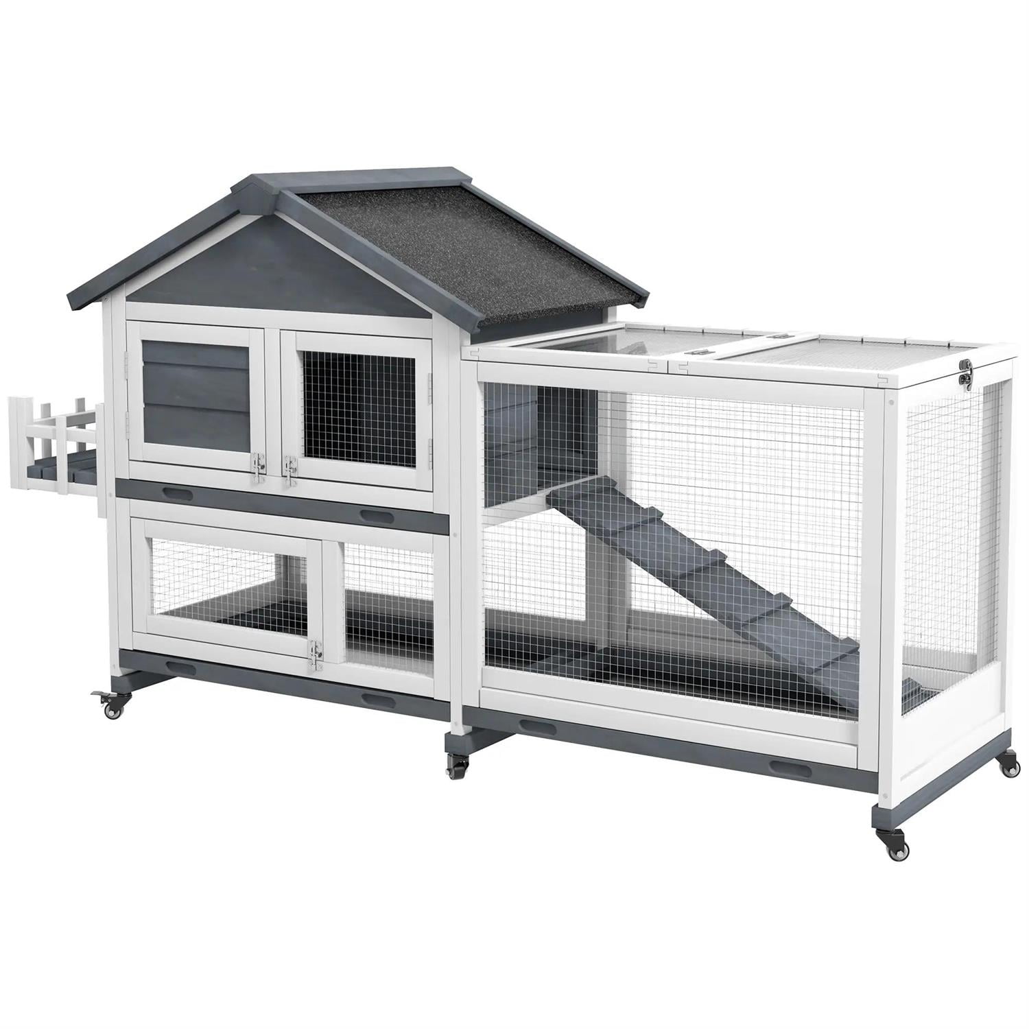Pefilos 65" Outdoor Wooden Rabbit Hutch with Run, Trays and Openable Roof, Outdoor Bunny Enclosure Guinea Pig Cage for Small Animals, Gray
