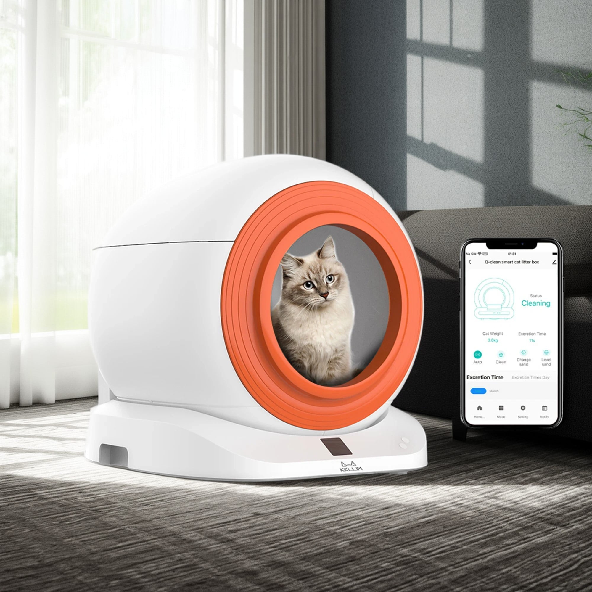 Pefilos 65L Large Capacity Smart Self Cleaning Cat Litter Box with Litter Mat and Digital Touching Control for Multi Cats, Support WiFi, White