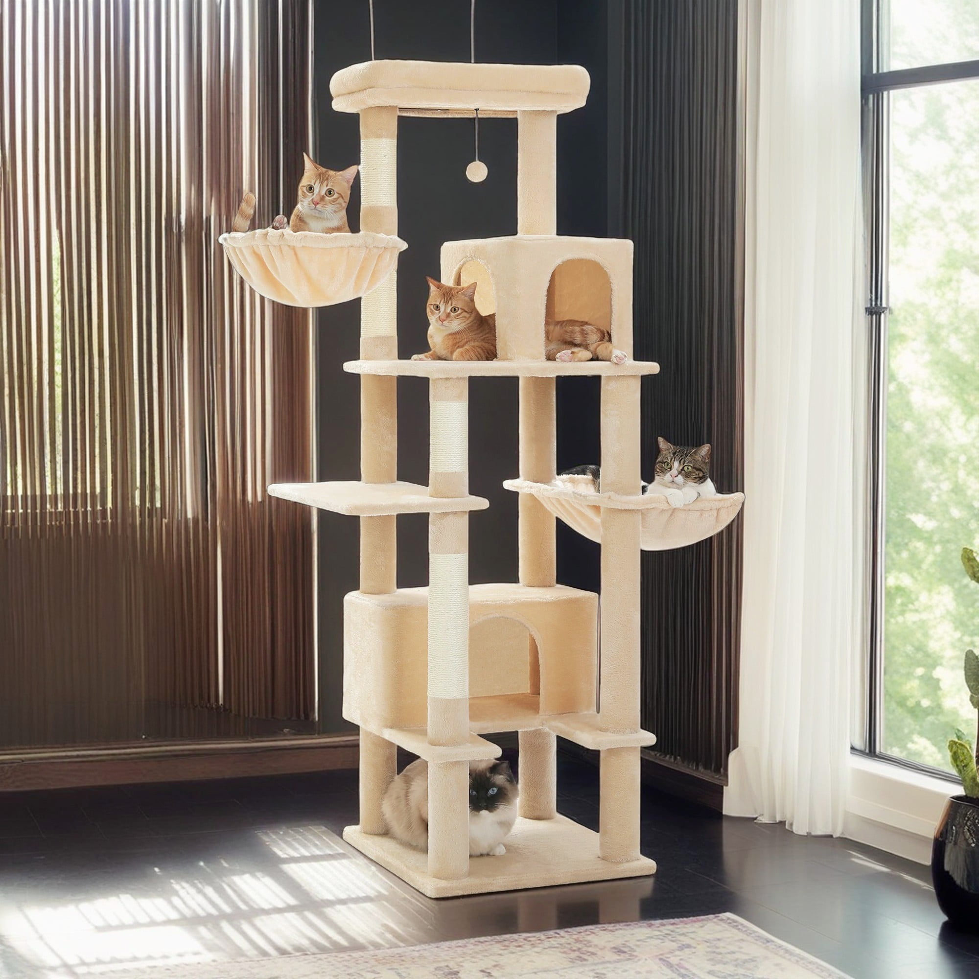 Pefilos 66" Cat Tree Tower for Big Cats, Cat Tree House Furniture with Hammock, Indoor Cat Condo for Adult Cats, Beige Pefilos 66" Cat Tree Tower for Big Cats, Cat Tree House Furniture with Hammock, Indoor Cat Condo for Adult Cats, Beige