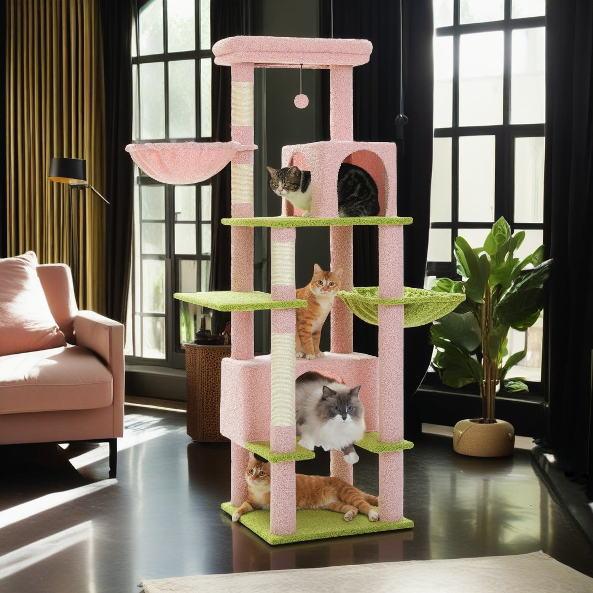 Pefilos 66" Cat Tree Tower for Big Cats, Cat Tree House Furniture with Hammock, Indoor Cat Condo for Adult Cats, Pink Pefilos 66" Cat Tree Tower for Big Cats, Cat Tree House Furniture with Hammock, Indoor Cat Condo for Adult Cats, Pink