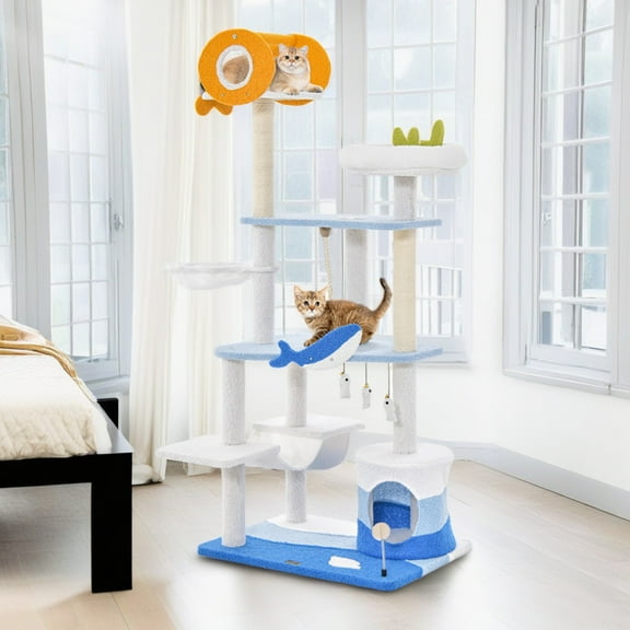 Pefilos 66" Cat Tree Tower with Scratching Posts, Cat Condo with Padded Plush Perch, Multi-Platform for Jump Cat Tree House, Blue