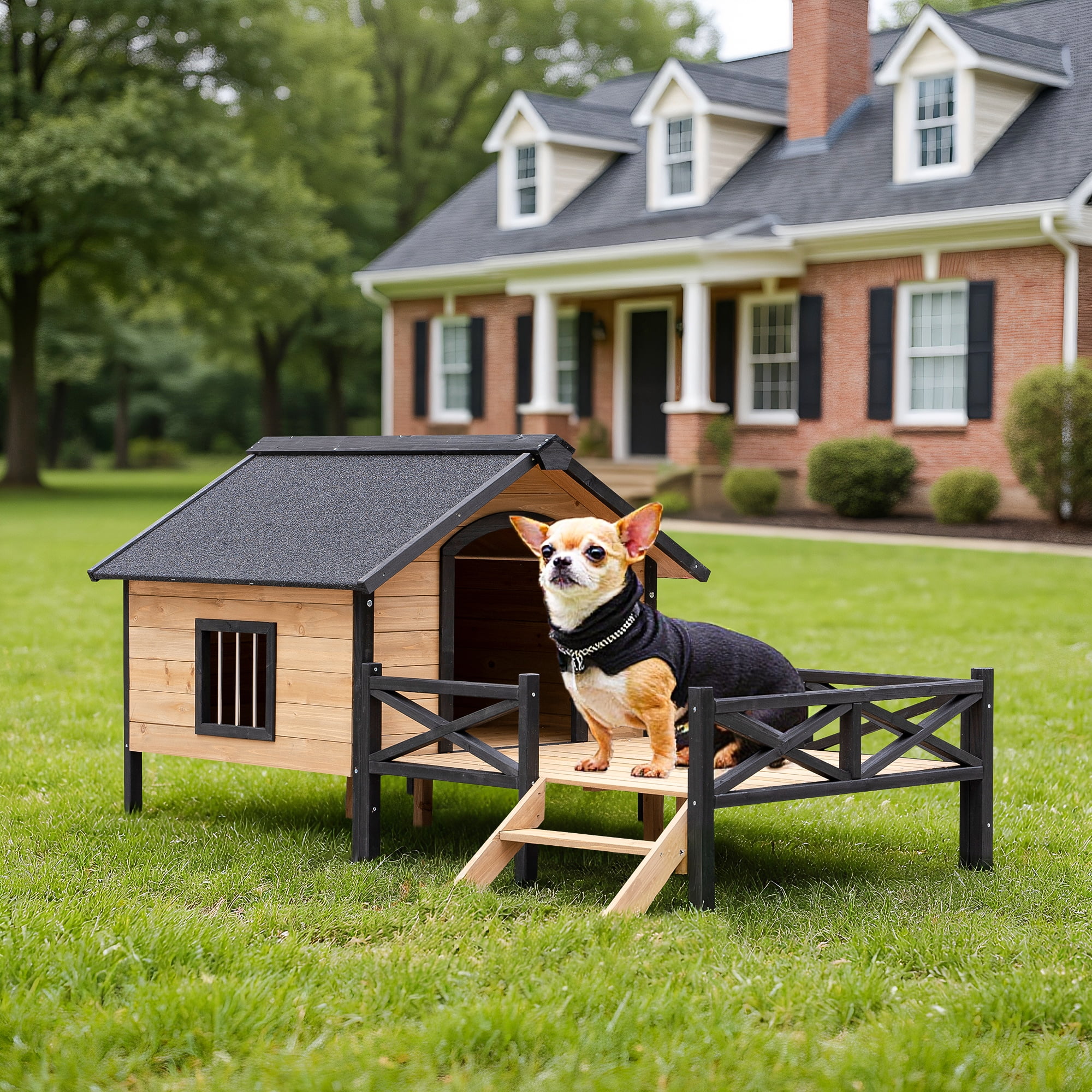 Pefilos 66" Large Dog House for Outdoor, Wooden Dog Kennel with Porch for Indoor Pet Living, Beige