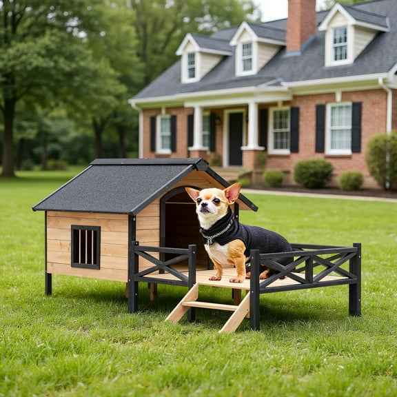 Pefilos 66" Large Dog House for Outdoor, Wooden Dog Kennel with Porch for Indoor Pet Living, Beige