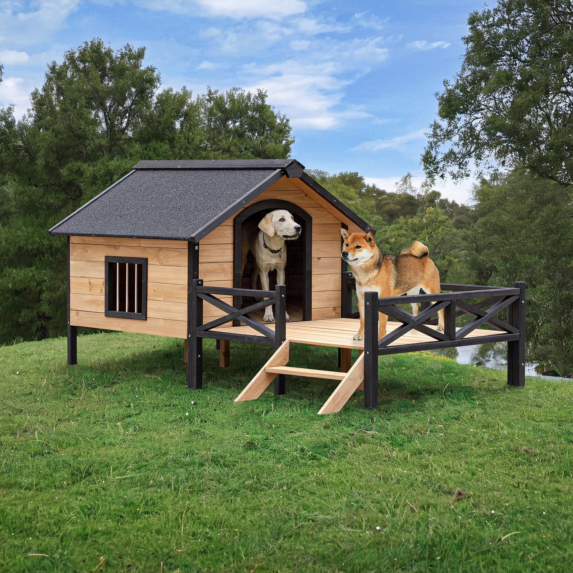 Pefilos 66" Large Dog House for Outdoor, Wooden Dog Kennel with Porch for Indoor Pet Living, Brown Pefilos 66" Large Dog House for Outdoor, Wooden Dog Kennel with Porch for Indoor Pet Living, Brown
