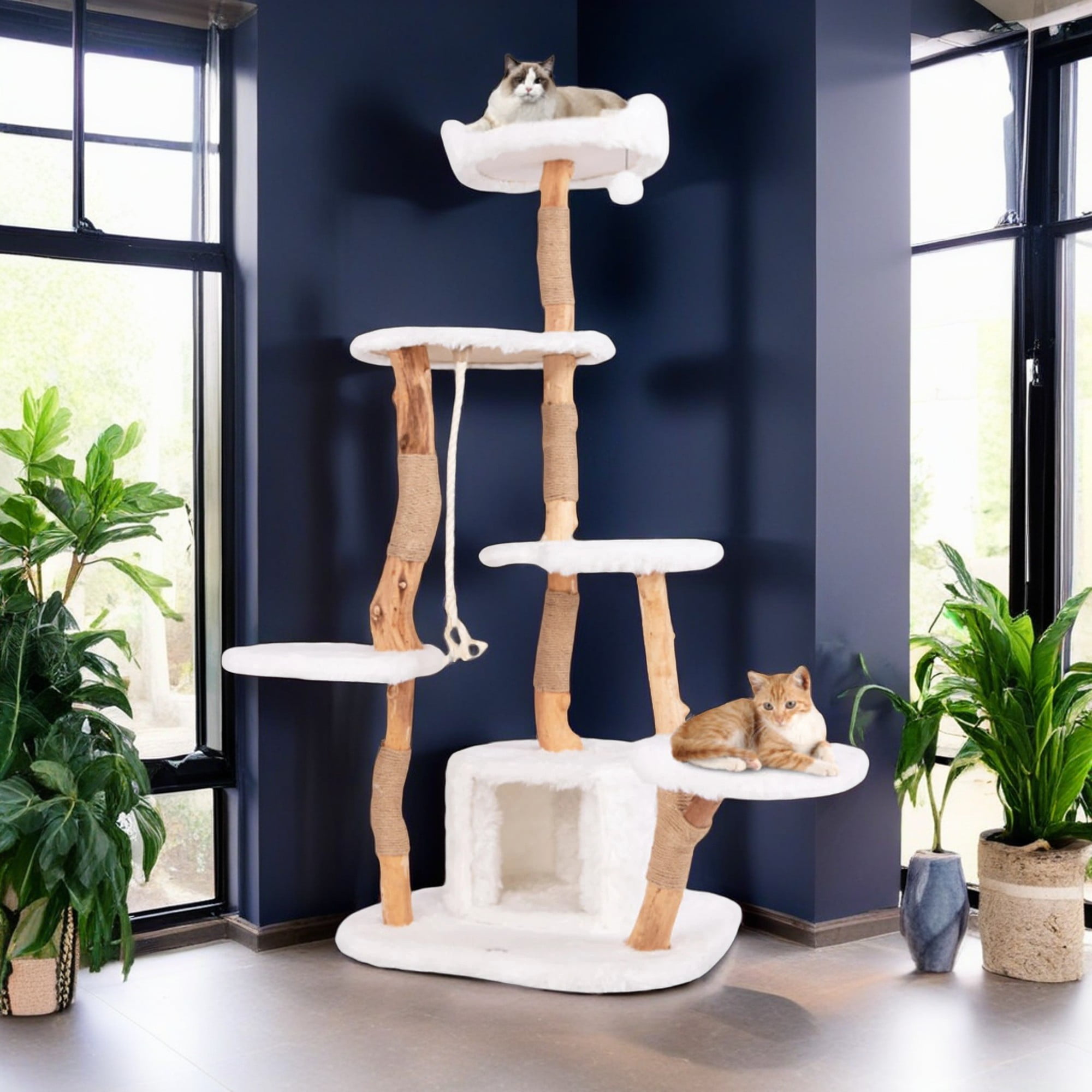 Pefilos 66" Modern Cat Tree Tower for Indoor Cats with Perch, Cat Condo, Solid Wood Cat Tree House with Scratching Posts for Large Cats, White Pefilos 66" Modern Cat Tree Tower for Indoor Cats with Perch, Cat Condo, Solid Wood Cat Tree House with Scratching Posts for Large Cats, White