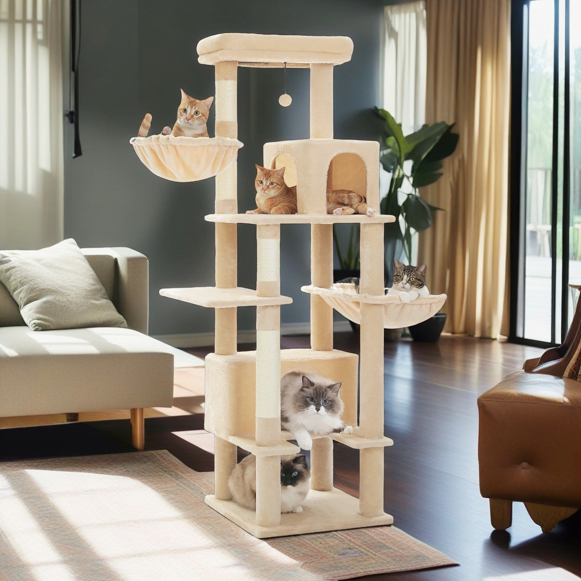 Pefilos 66" Multi-Level Cat Tree Tower for Indoor with Sisal-Covered Scratching Posts, Cat Condo with Hammock and Deluxe Perch, Beige Pefilos 66" Multi-Level Cat Tree Tower for Indoor with Sisal-Covered Scratching Posts, Cat Condo with Hammock and Deluxe Perch, Beige
