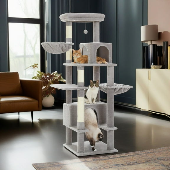 Pefilos 66" Multi-Level Cat Tree Tower for Indoor with Sisal-Covered Scratching Posts, Cat Condo with Hammock and Deluxe Perch, Gray
