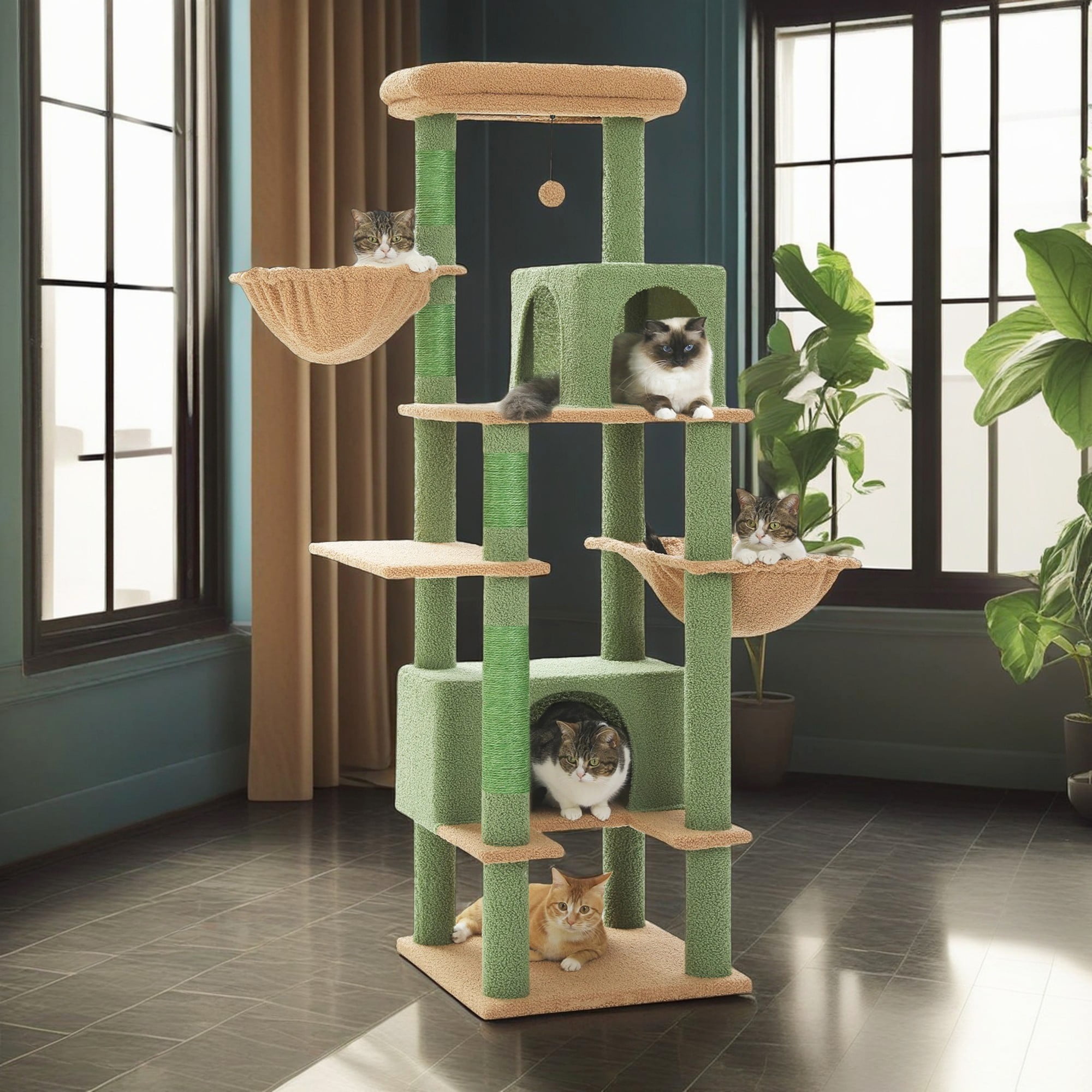 Pefilos 66" Multi-Level Cat Tree Tower for Indoor with Sisal-Covered Scratching Posts, Cat Condo with Hammock and Deluxe Perch, Green Pefilos 66" Multi-Level Cat Tree Tower for Indoor with Sisal-Covered Scratching Posts, Cat Condo with Hammock and Deluxe Perch, Green