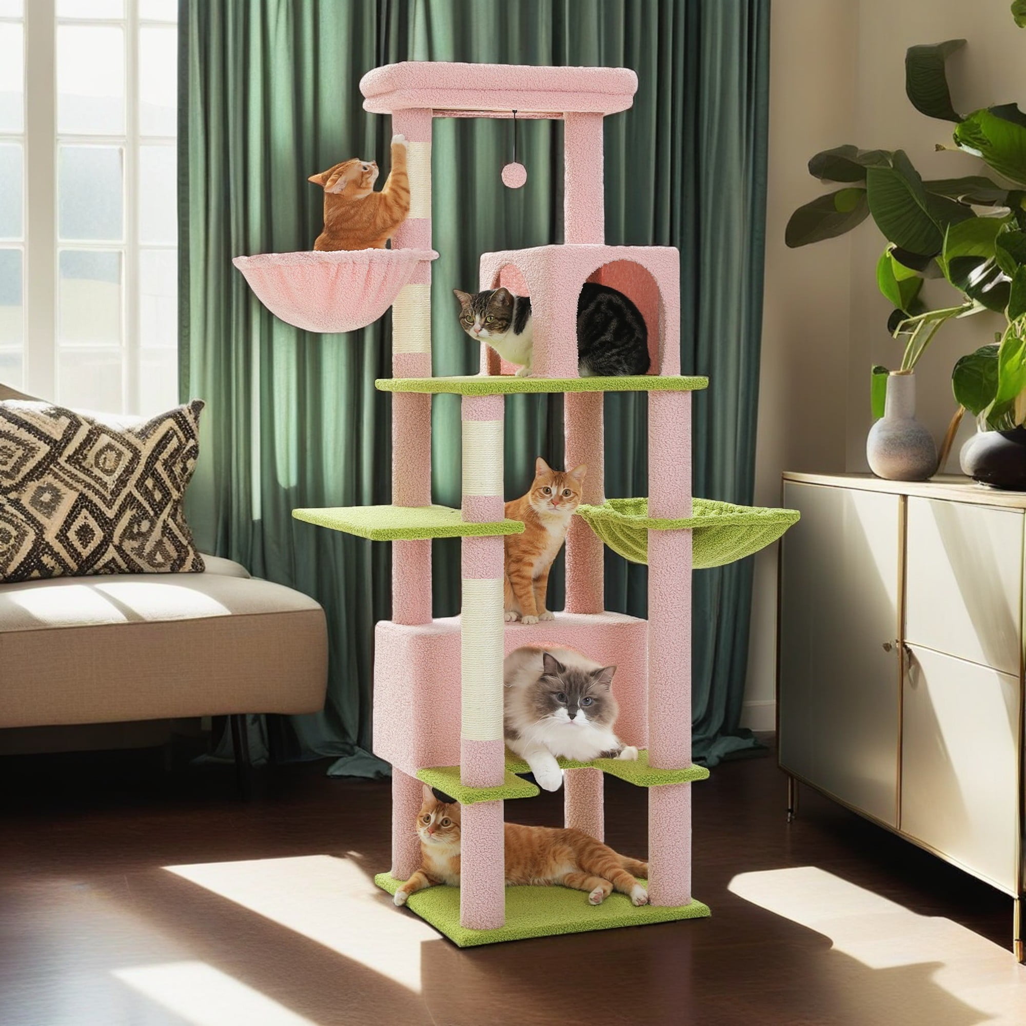 Pefilos 66" Multi-Level Cat Tree Tower for Indoor with Sisal-Covered Scratching Posts, Cat Condo with Hammock and Deluxe Perch, Pink Pefilos 66" Multi-Level Cat Tree Tower for Indoor with Sisal-Covered Scratching Posts, Cat Condo with Hammock and Deluxe Perch, Pink