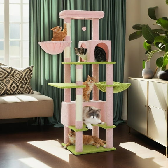Pefilos 66" Multi-Level Cat Tree Tower for Indoor with Sisal-Covered Scratching Posts, Cat Condo with Hammock and Deluxe Perch, Pink