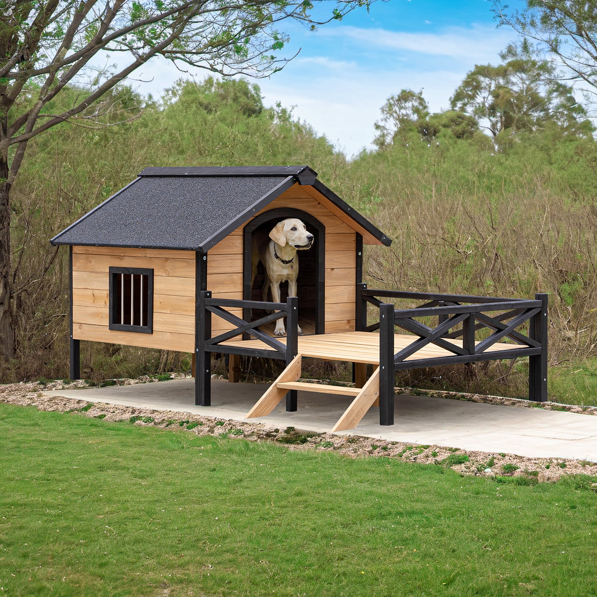 Pefilos 66 Outdoor Dog House Large Wooden Dog Kennel with Porch Cabin House Style Pet Houses for Cats Brown