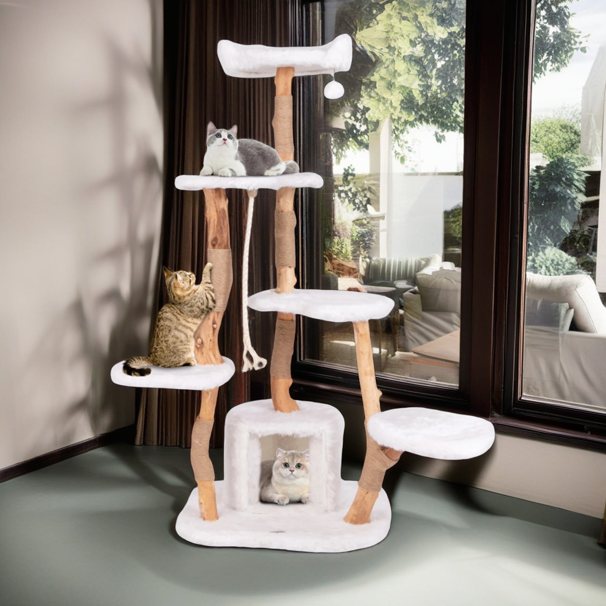 Pefilos 66" Solid Wood Cat Tree Tower for Indoor, Modern Cat Condo with Scratching Post, Cat Climbing Tree House Furniture, White Pefilos 66" Solid Wood Cat Tree Tower for Indoor, Modern Cat Condo with Scratching Post, Cat Climbing Tree House Furniture, White