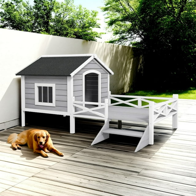 Pefilos 66" Large Wood Dog House with Porch for Small/Medium Dogs, Pet Shelter Pet Bunny House Outdoor Cat House, Gray Pefilos 66" Large Wood Dog House with Porch for Small/Medium Dogs, Pet Shelter Pet Bunny House Outdoor Cat House, Gray