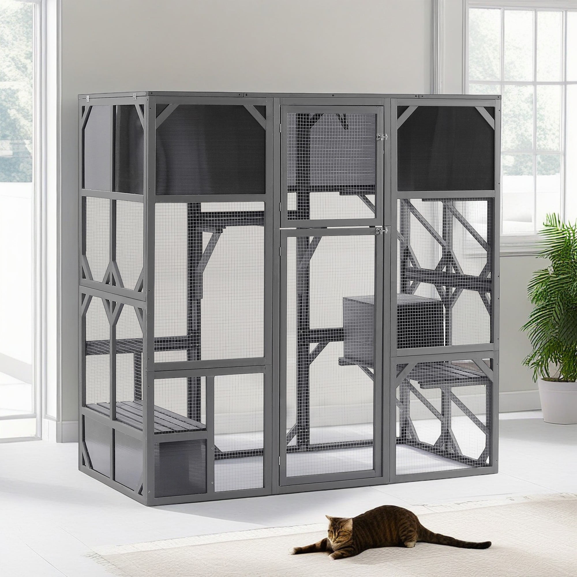 Pefilos 67" Cat House Outdoor Catio Kitty Enclosure with Enter Door, Wood Cat Cage Condo Indoor Playpen with Platforms and Small House, Gray Pefilos 67" Cat House Outdoor Catio Kitty Enclosure with Enter Door, Wood Cat Cage Condo Indoor Playpen with Platforms and Small House, Gray