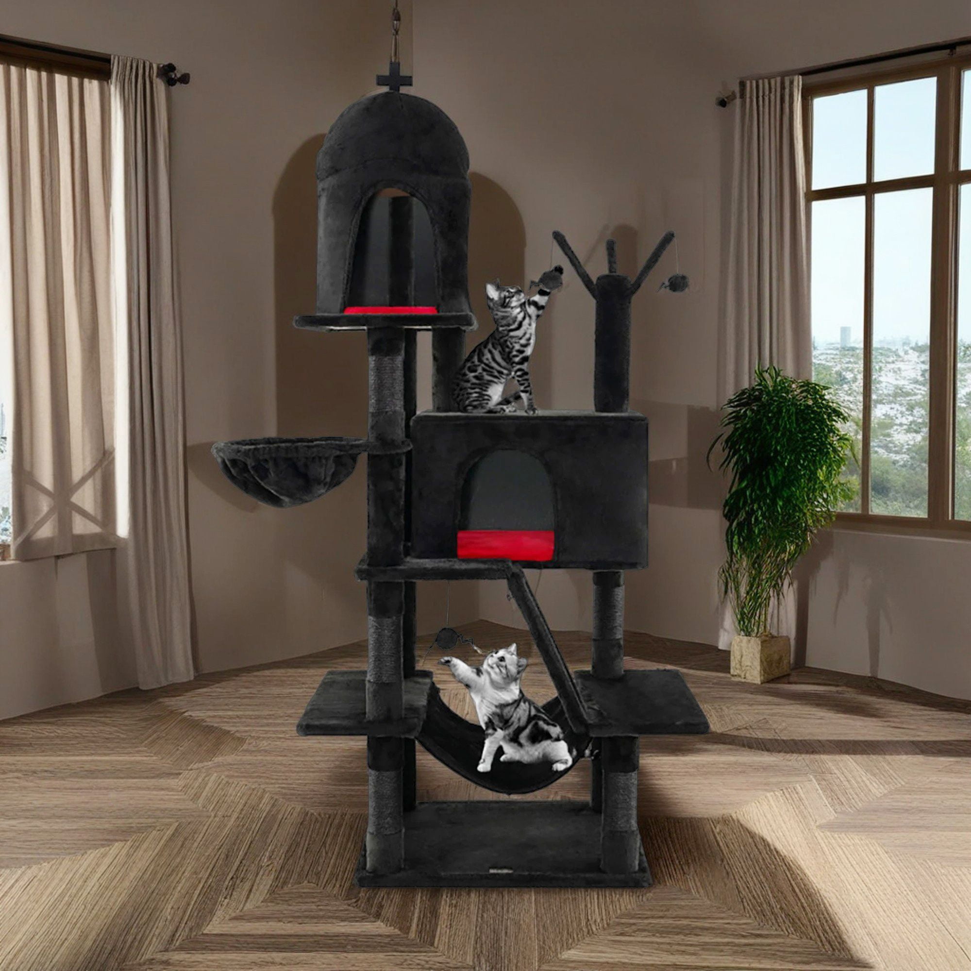 Pefilos 67" Gothic Cat Tree Tower with Scratching Post and Cat Condo, Cat Tree House with Hammock, for Small Medium Cats, Black