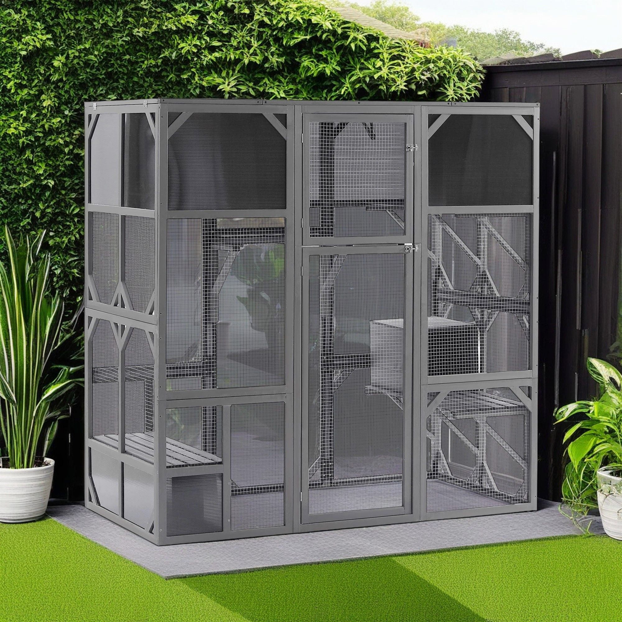 Pefilos 67" Large Cat House Wooden Catio Outdoor Cat Enclosure for Mulitiple Cats Walk in Cat Cage with Sunshine Board Roof, Gray Pefilos 67" Large Cat House Wooden Catio Outdoor Cat Enclosure for Mulitiple Cats Walk in Cat Cage with Sunshine Board Roof, Gray