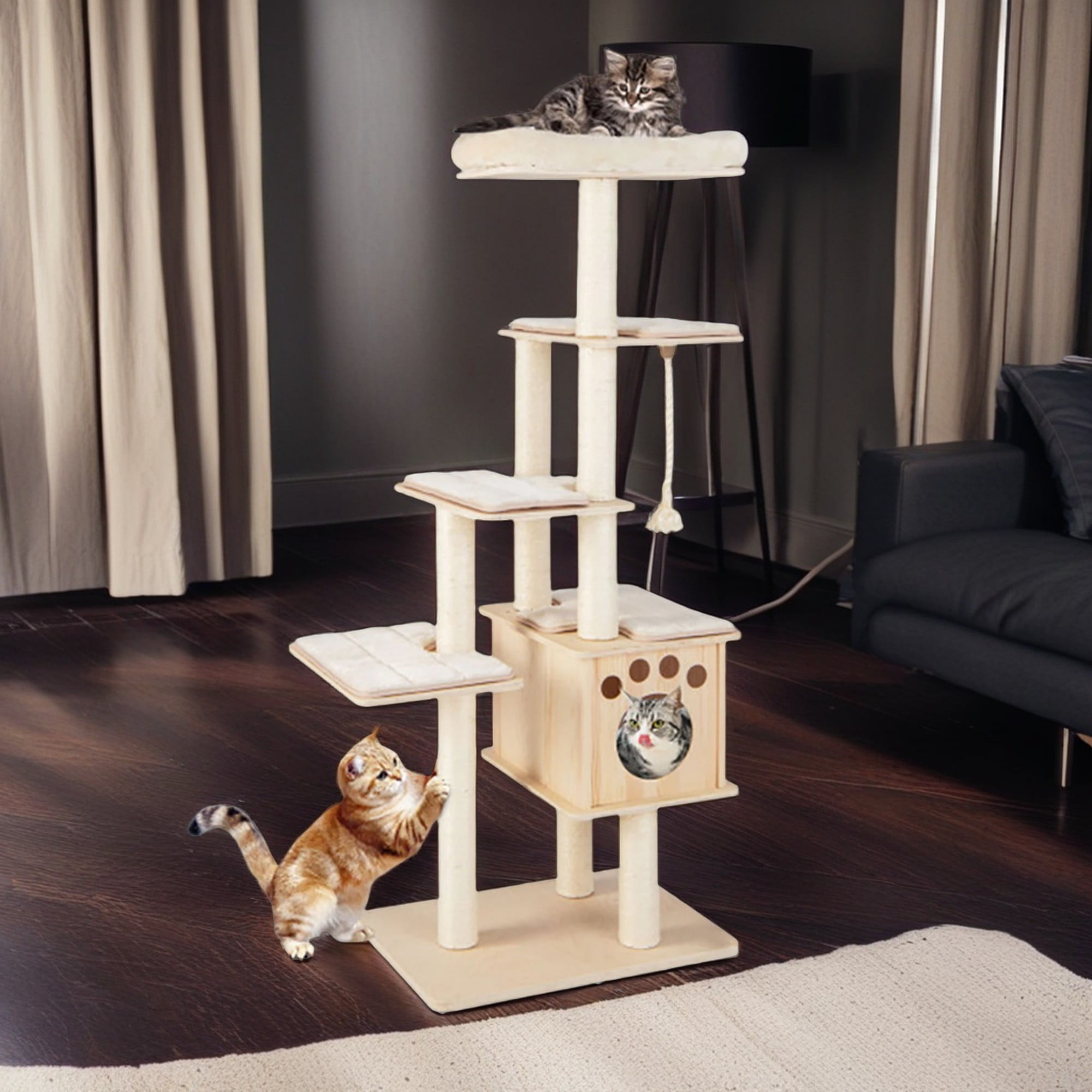 Pefilos 67" Modern Cat Tree Tower for Indoor Cats, Wood Cat Condo with Scratching Post and Removable Pads for Small Large Cats, Beige Pefilos 67" Modern Cat Tree Tower for Indoor Cats, Wood Cat Condo with Scratching Post and Removable Pads for Small Large Cats, Beige