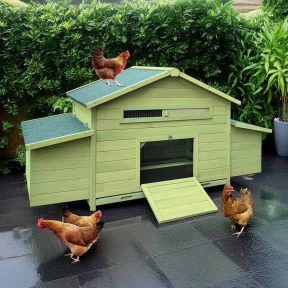 Pefilos 67" Outdoor Chicken Coop with Nest Boxes, Solid Firwood Rabbit Cages, Large Hen House with Water-Resistant Roofs, Green
