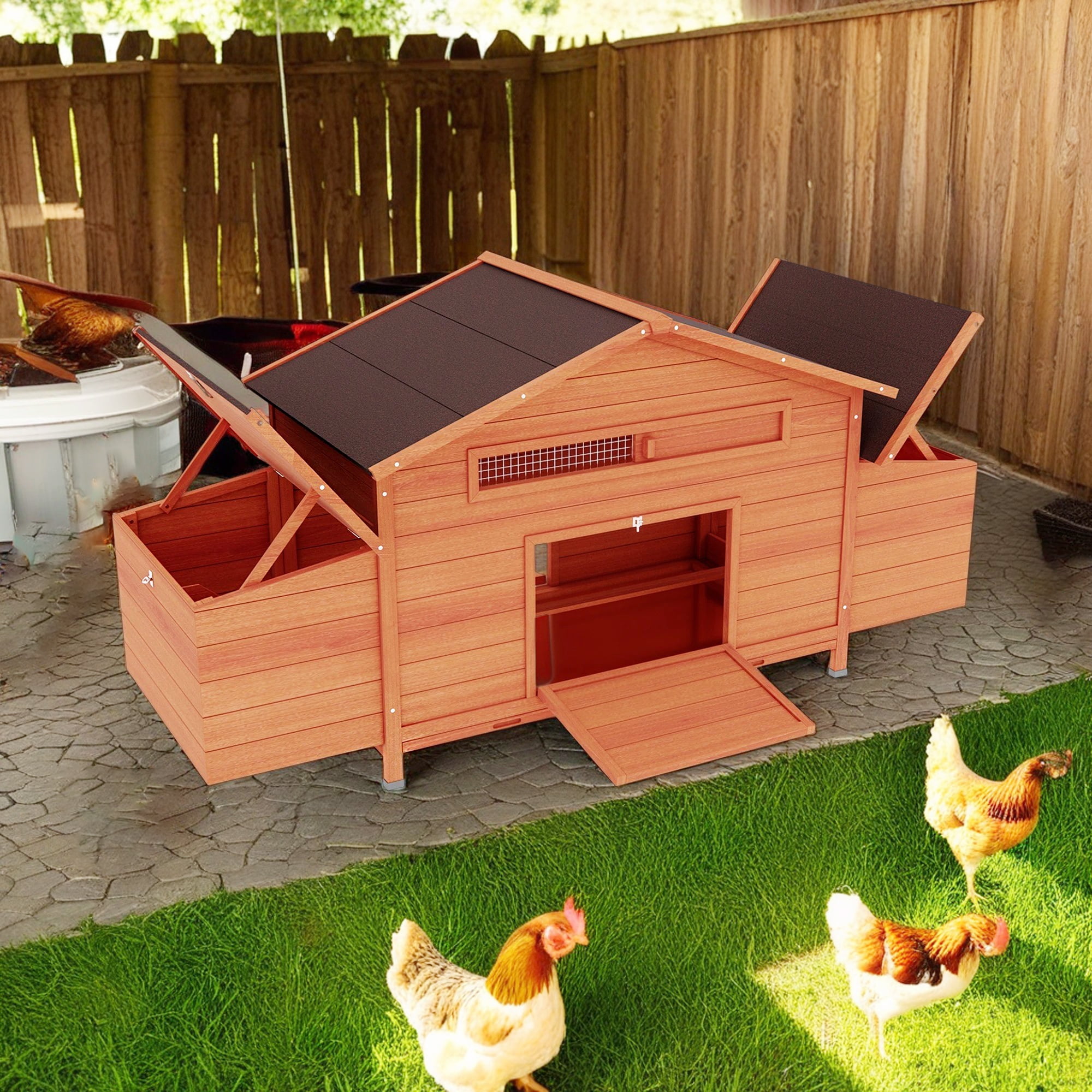Pefilos 67" Outdoor Chicken Coop with Nest Boxes, Solid Firwood Rabbit Cages, Large Hen House with Water-Resistant Roofs, Orange