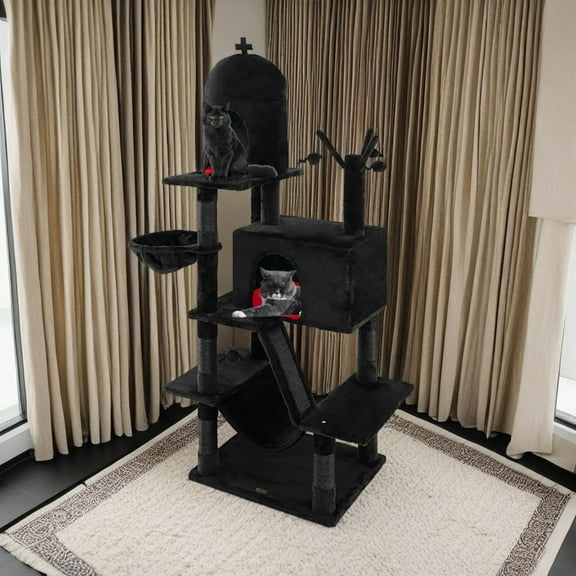 Pefilos 67" Tall Gothic Cat Tree for Large Cats, Cat Tower with Sisal Scratching Posts, Bat-Shaped Hanging Ball, Multi-Level Spooky Cat Condo, Black