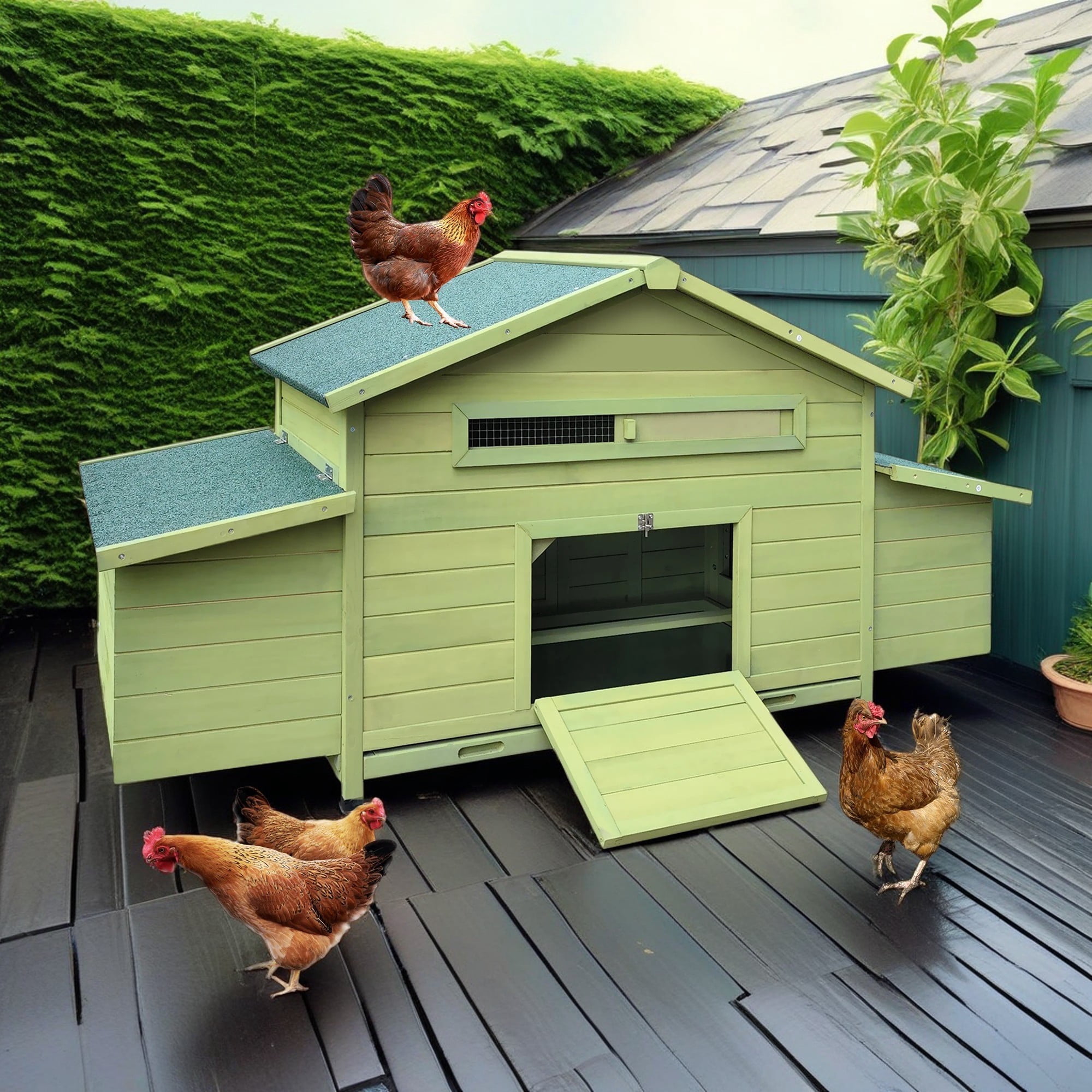 Pefilos 67" Wood Chicken Coop for Outdoor with Water-Resistant Roofs, Large Hen House with Nest Boxes, Rabbit Hutch Poultry Cage, Green