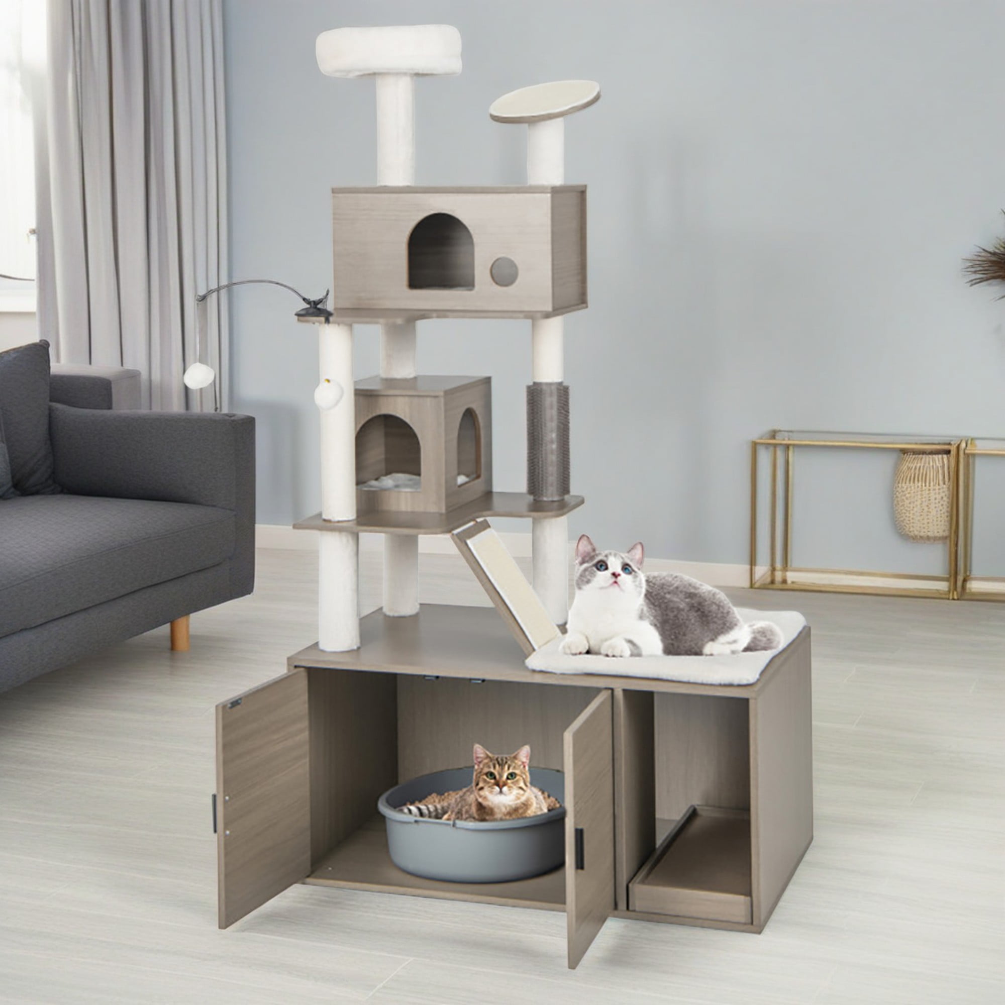 Pefilos 68" Cat Tree with Wood Litter Box Enclosure, All-in-one Indoor Cat Furniture with Large Platform and 2 Condo, Modern Style Cat Tower, Gray Pefilos 68" Cat Tree with Wood Litter Box Enclosure, All-in-one Indoor Cat Furniture with Large Platform and 2 Condo, Modern Style Cat Tower, Gray