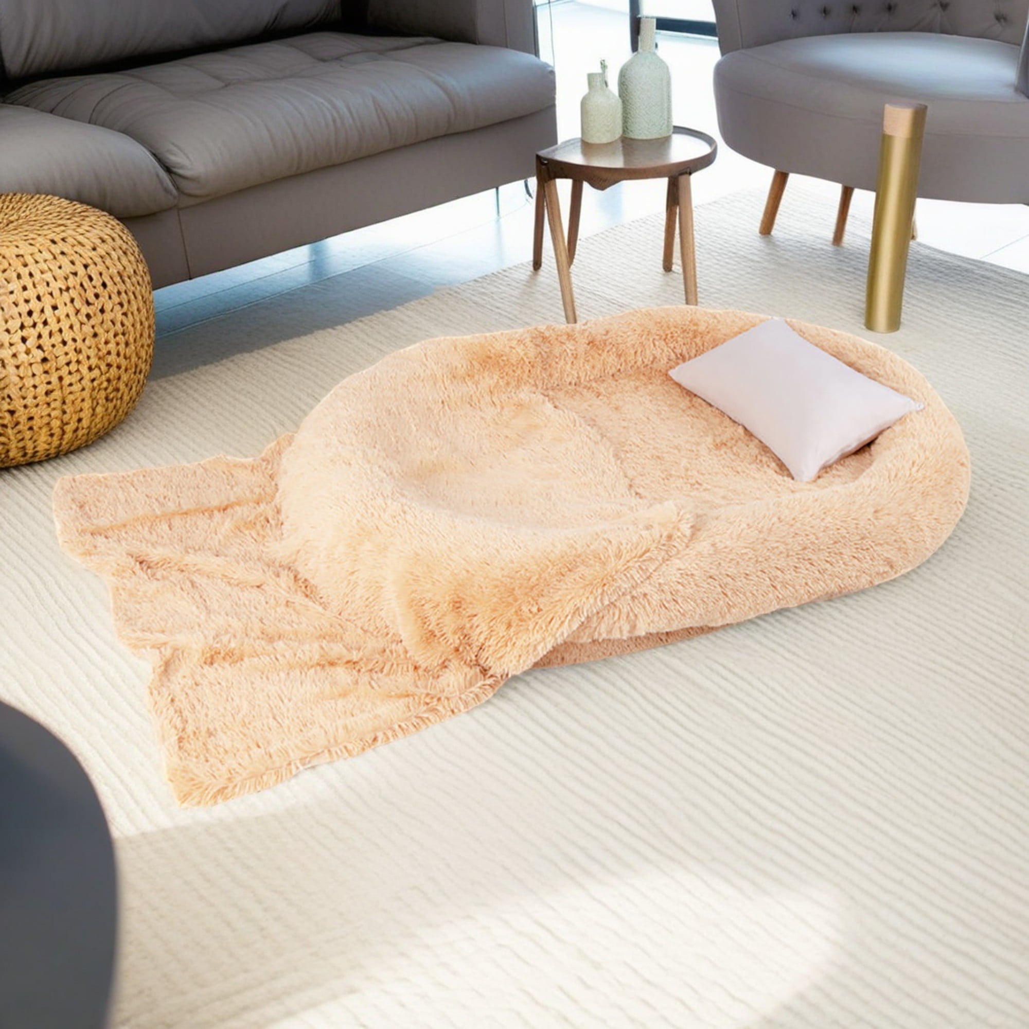 Pefilos 68" Large Plush Dog Sofa with Soft Blanket and Plump Pillow, Stylish Washable Fluffy Human Dog Bed Pet Couch Furniture, Beige