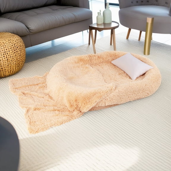 Pefilos 68" Large Plush Dog Sofa with Soft Blanket and Plump Pillow, Stylish Washable Fluffy Human Dog Bed Pet Couch Furniture, Beige