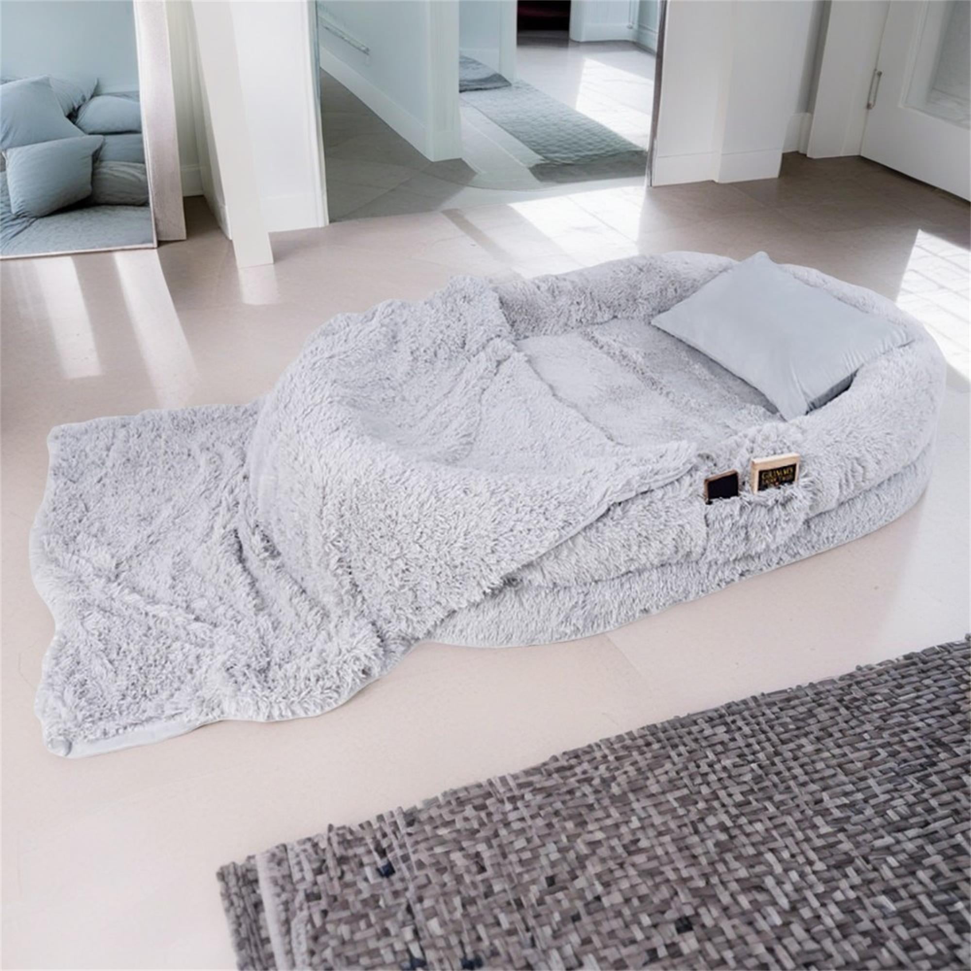 Pefilos 68" Large Plush Dog Sofa with Soft Blanket and Plump Pillow, Stylish Washable Fluffy Human Dog Bed Pet Couch Furniture, Gray