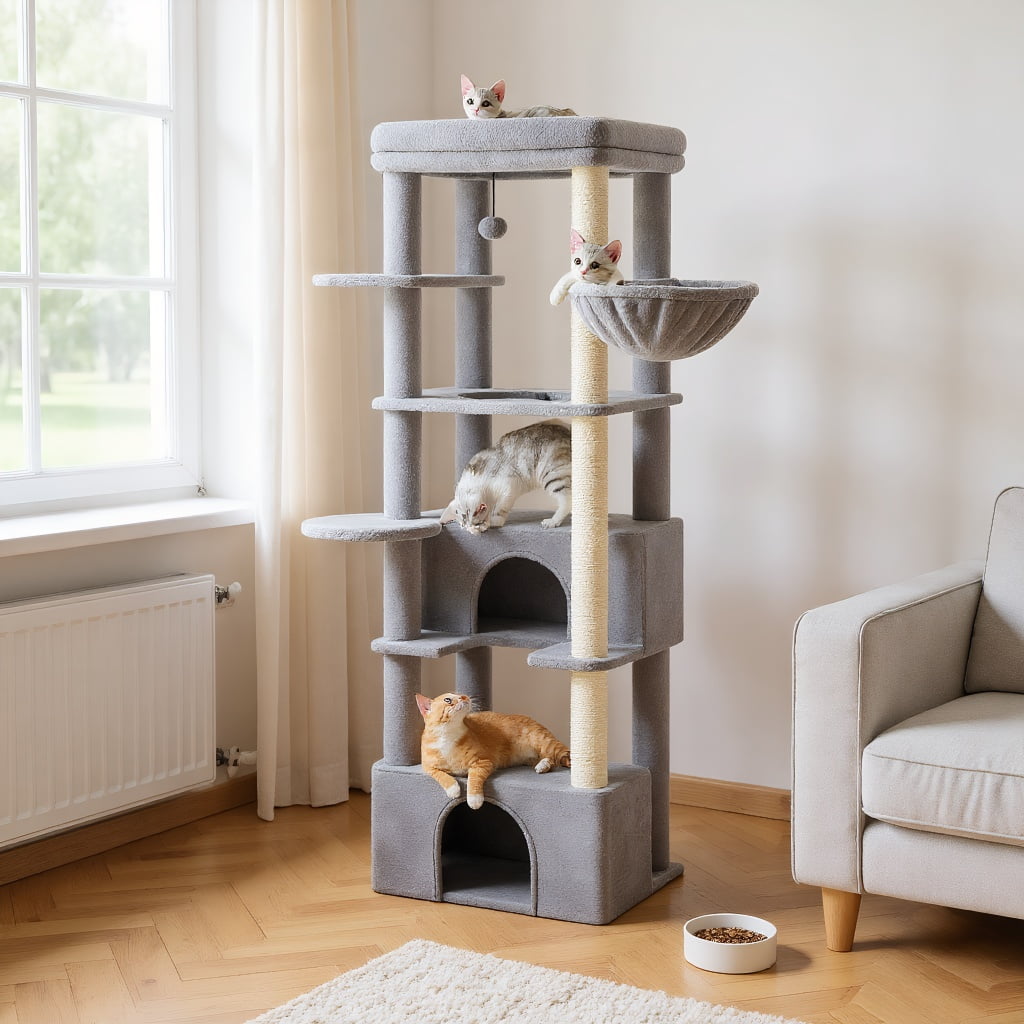 Pefilos 68" Tall Cat Tree Tower for Indoor Big Cats with Extra-Big Top Perch [21" x 17"], 2 Large Condos, Scratching Post and Cozy Hammock, Gray