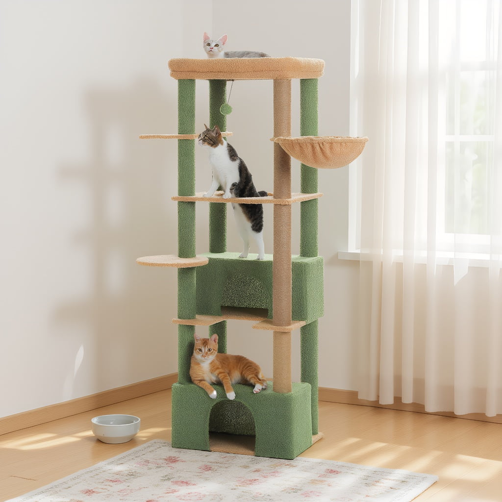 Pefilos 68" Tall Cat Tree Tower for Indoor Big Cats with Extra-Big Top Perch [21'' x 17''], 2 Large Condos, Scratching Post and Cozy Hammock, Green