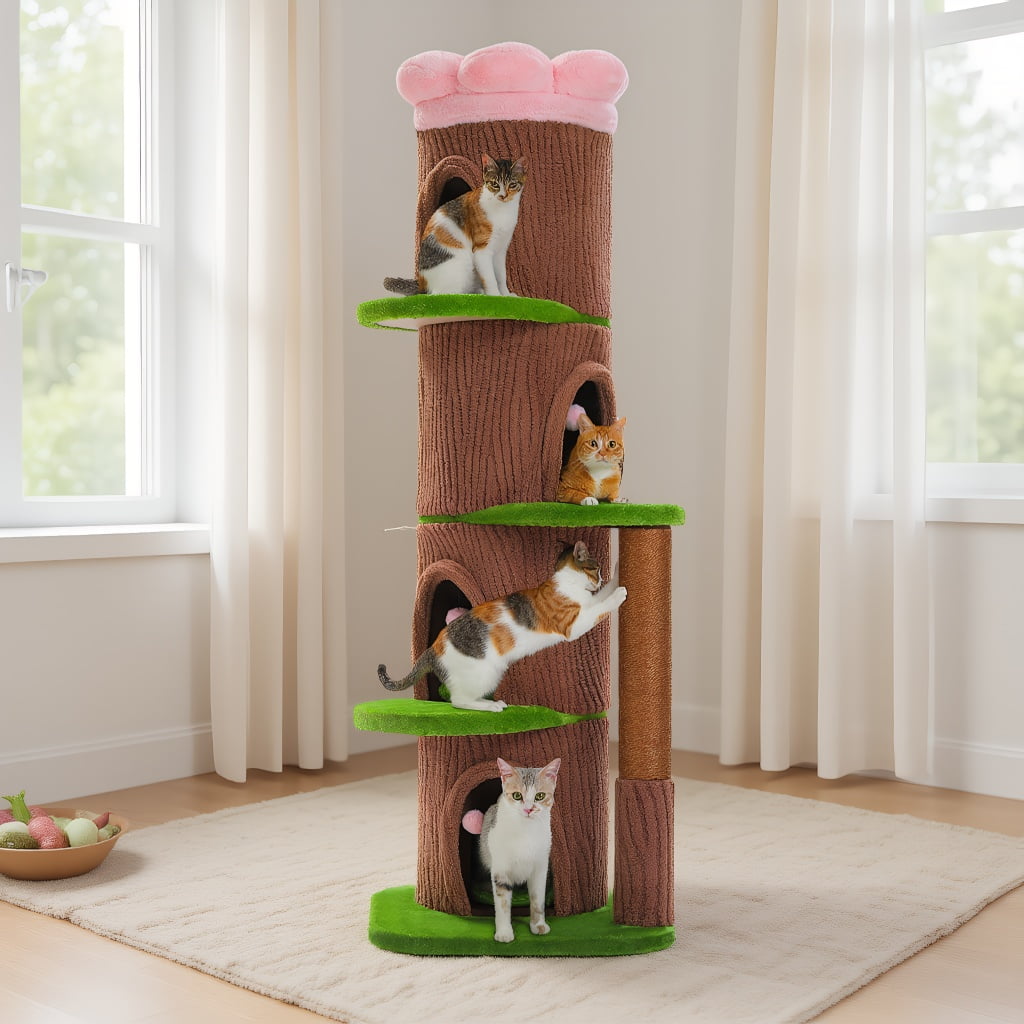Pefilos 68" Tall Forest Cat Tree Tower with 4 Condos, Flower Top Bed & Thick Scratching Post (φ3.8in), Large Heavy Duty Tree That Looks Like a Tree for Multi-Cat, Brown