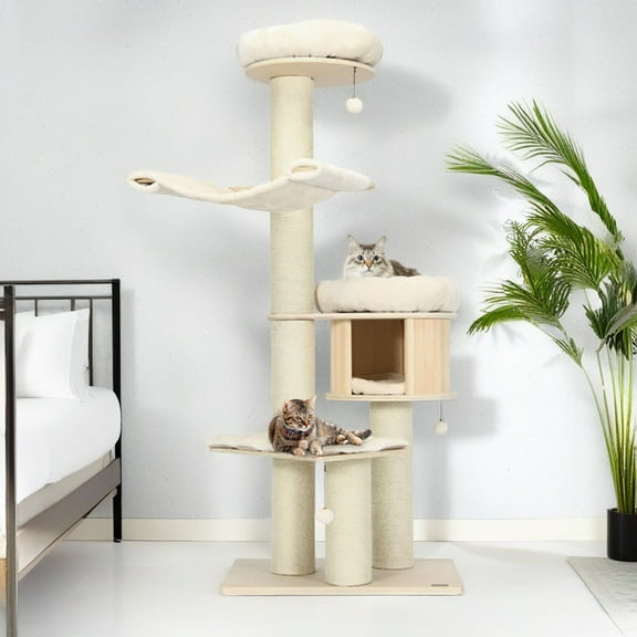 Pefilos 68" Wood Cat Tree Tower for Indoor Cats, Multi-Level Cat Condo with Scratching Posts, Perch, Washable Removable Cushions, Cat Furniture, Beige