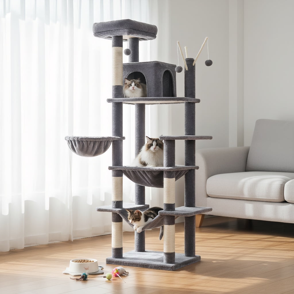 Pefilos 69" Cat Tree Tower for Indoor Large Cats, Fat Cats with Big Hammock, Cat Climbing Tree with Scratching Posts, Condo House and Top Perch, Dark Gray