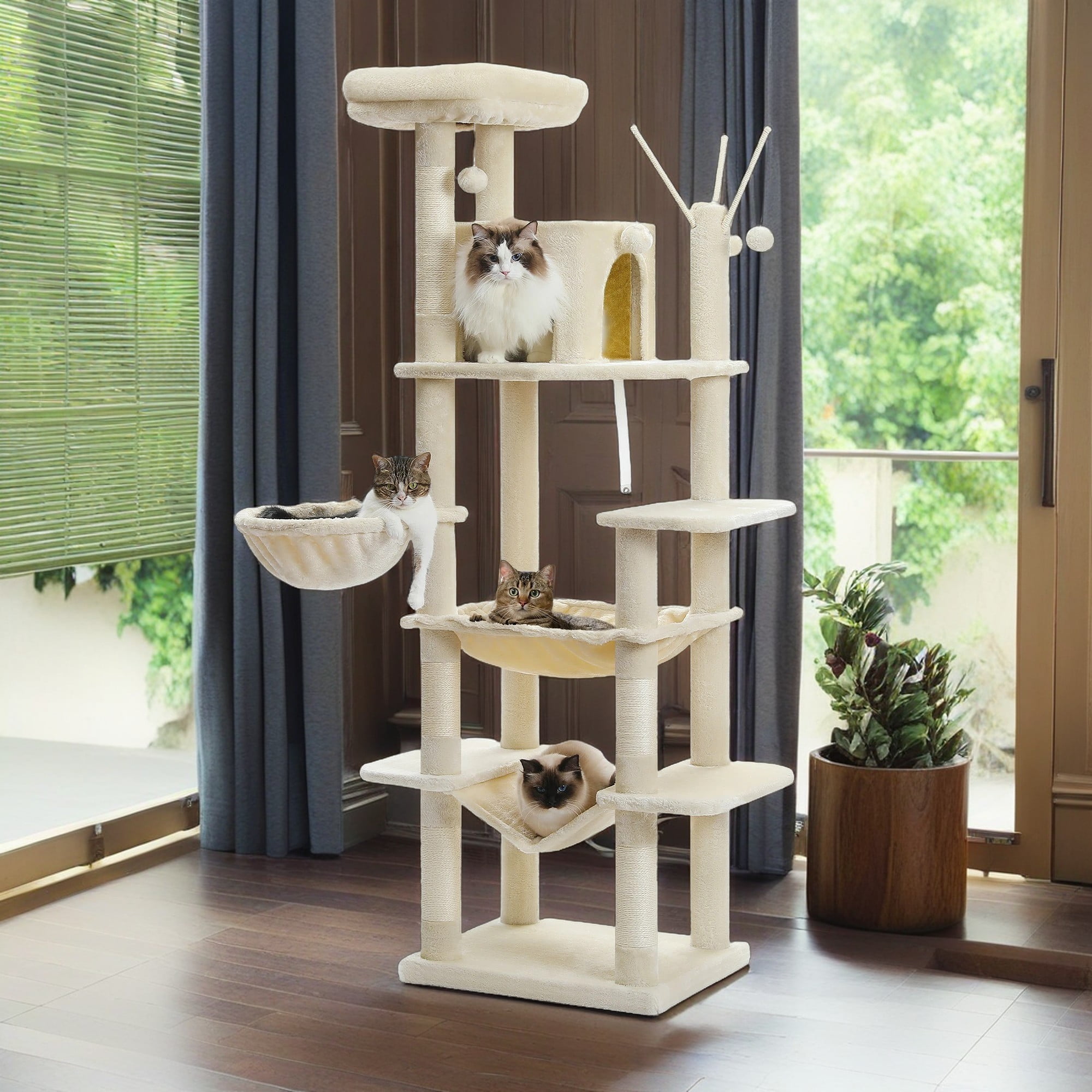 Beige 69" Tall Cat Tree with Hammocks and Scratching Posts