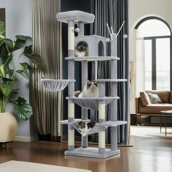 Pefilos 69" Cat Tree Tower for Indoor Large Cats, Fat Cats with Big Hammock, Cat Climbing Tree with Scratching Posts, Condo House and Top Perch, Gray