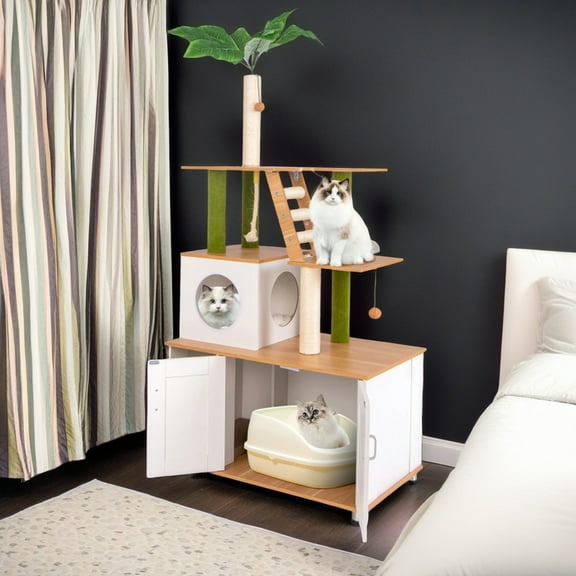 Pefilos 69" Cat Tree Tower with Litter Box Enclosure, 2-in-1 Modern Cat Condo with Scratching Posts, Washable Cushions, Hidden Cat Washroom, White