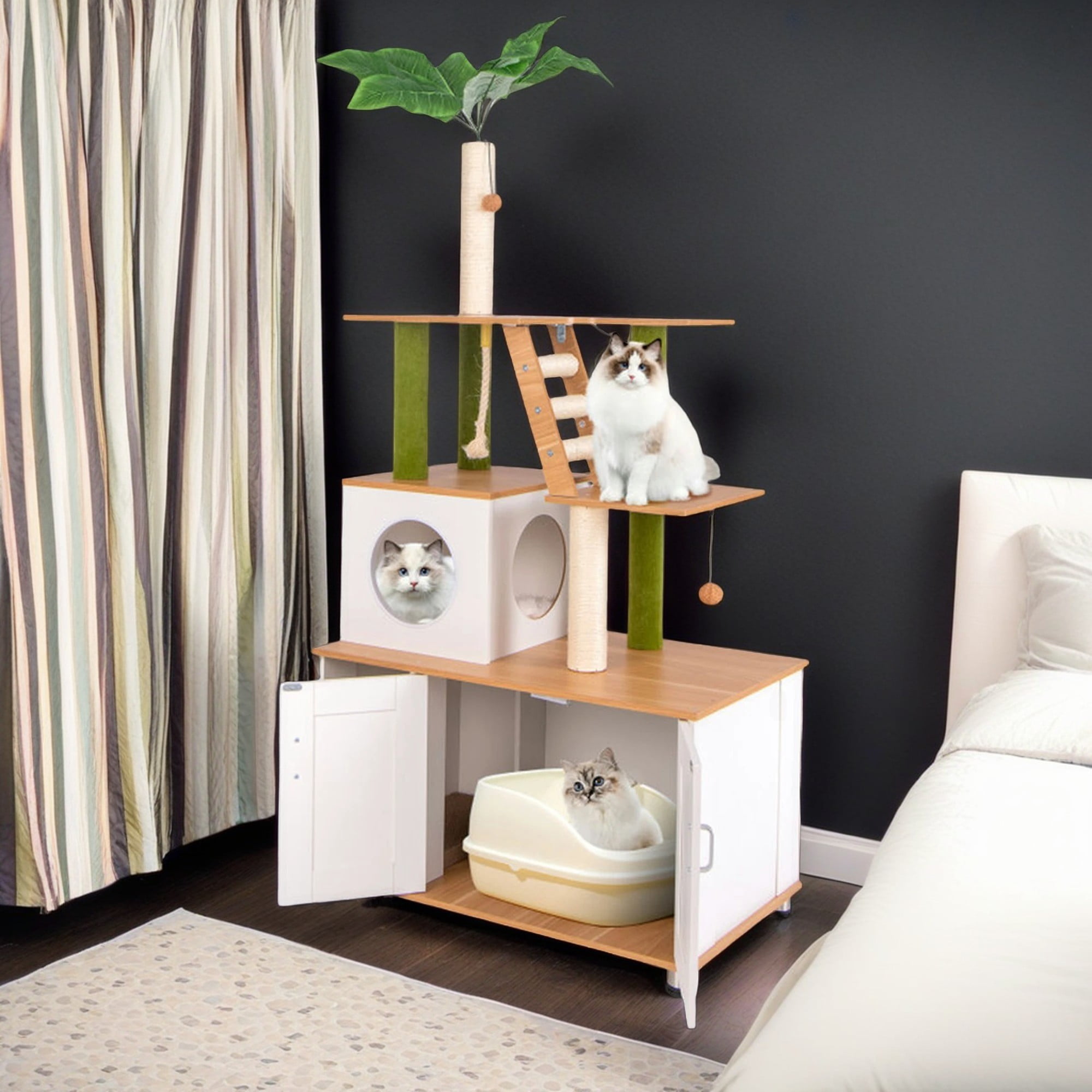 Pefilos 69" Cat Tree Tower with Litter Box Enclosure, 2-in-1 Modern Cat Condo with Scratching Posts, Washable Cushions, Hidden Cat Washroom, White Pefilos 69" Cat Tree Tower with Litter Box Enclosure, 2-in-1 Modern Cat Condo with Scratching Posts, Washable Cushions, Hidden Cat Washroom, White