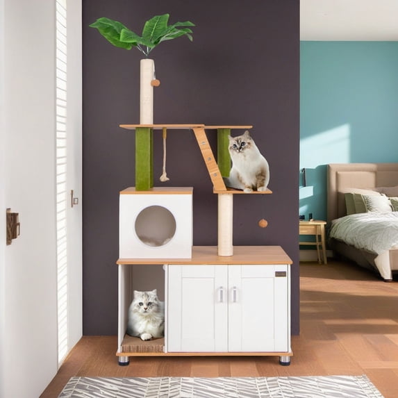 Pefilos 69" Cat Tree with Litter Box Enclosure, Modern Cat Tower for Indoor Cats with Condo, All-in-one Cat Washroom Furniture, White