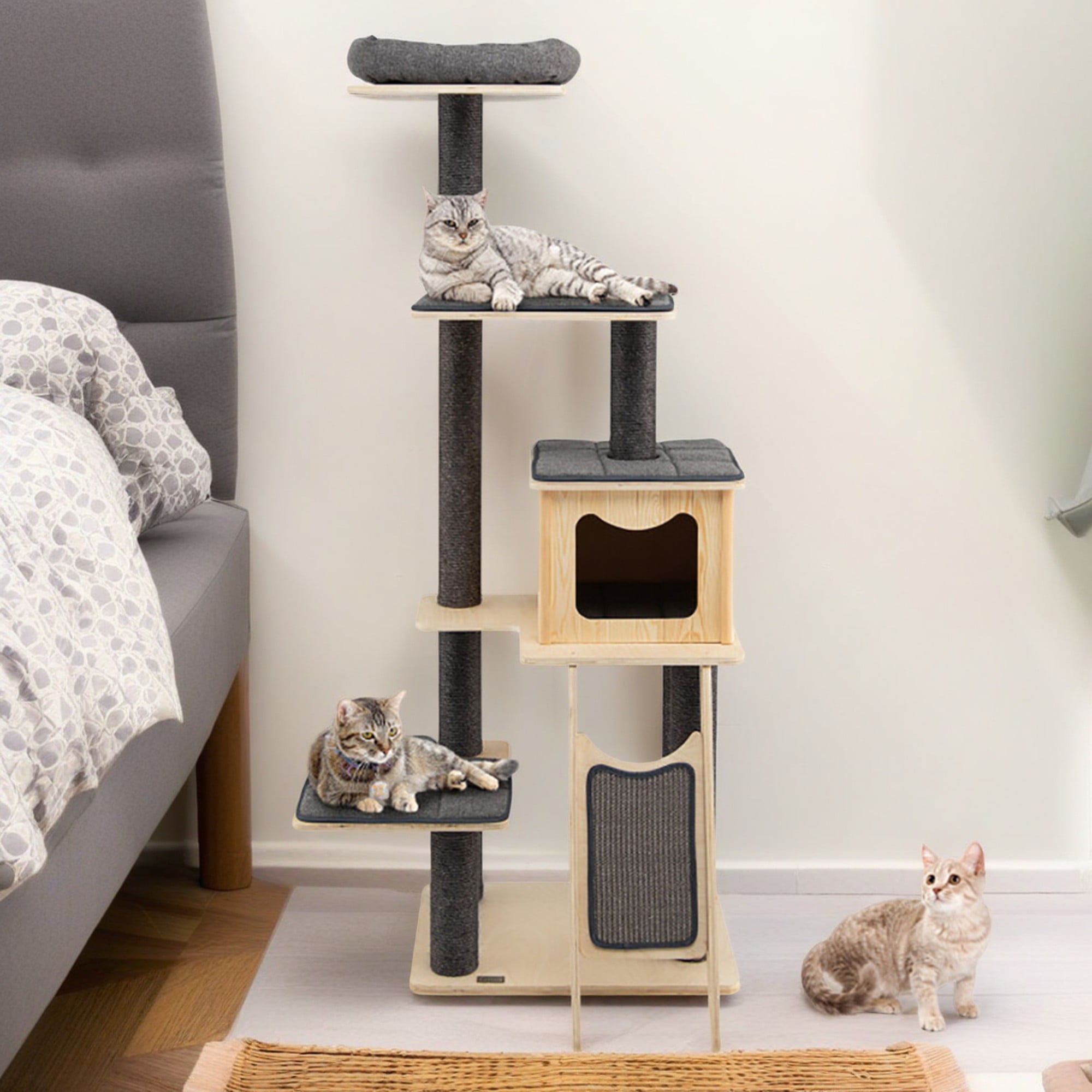 Pefilos 69" Large Wooden Cat Tree Tower with Wood Cat Condos, Large Perch and Totally Wrapped Sisal Posts, Modern Cat Tree House, Gray Pefilos 69" Large Wooden Cat Tree Tower with Wood Cat Condos, Large Perch and Totally Wrapped Sisal Posts, Modern Cat Tree House, Gray