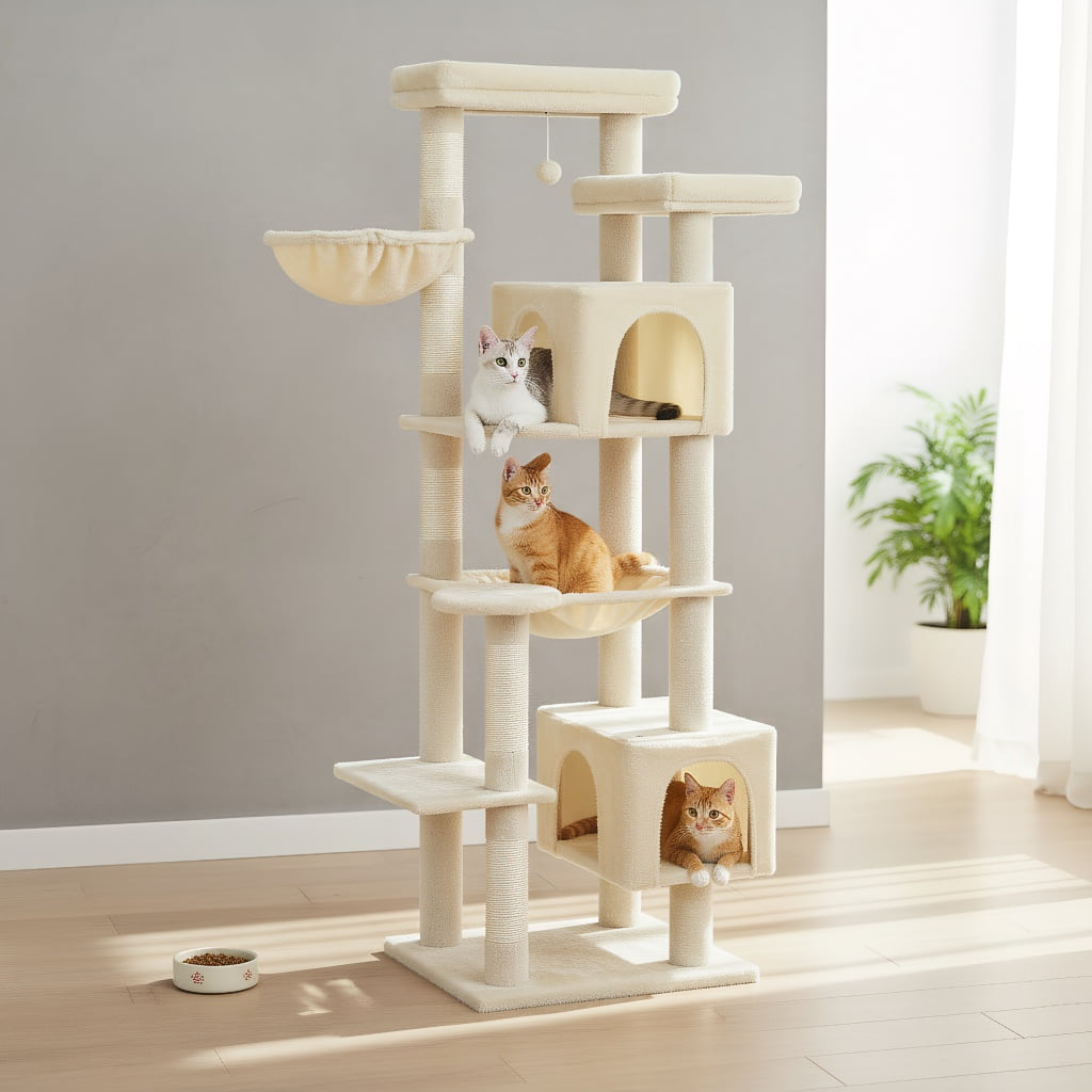 Pefilos 69" Tall Cat Tree for Indoor Large Cats with Hammock, Cat Climbing Tree Tower with Scratching Posts, Condo House and Top Perch, Beige