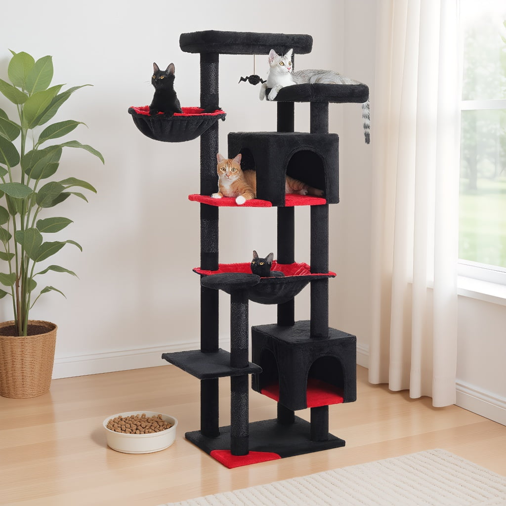Pefilos 69" Tall Cat Tree for Indoor Large Cats with Hammock, Cat Climbing Tree Tower with Scratching Posts, Condo House and Top Perch, Black